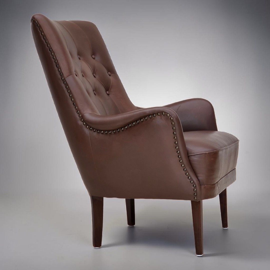 1970s, Danish Armchair, Original Brown Furniture Leather.