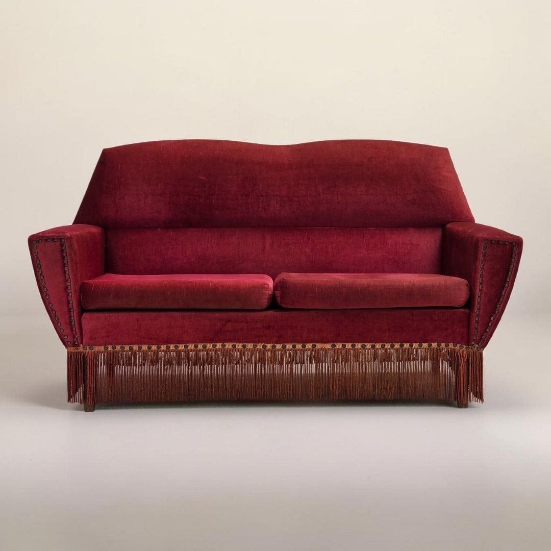 Deens 2-zitsbank, jaren 1970, rood meubelvelours.
