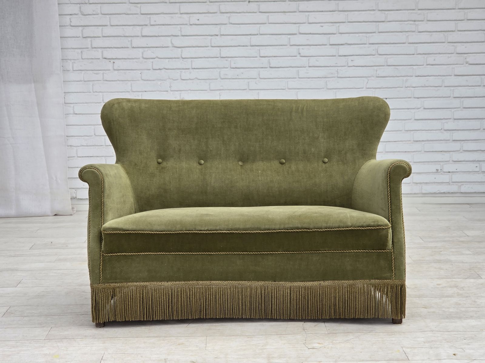 1970s, Danish 2 Seater Sofa, Light Green Furniture Velour.