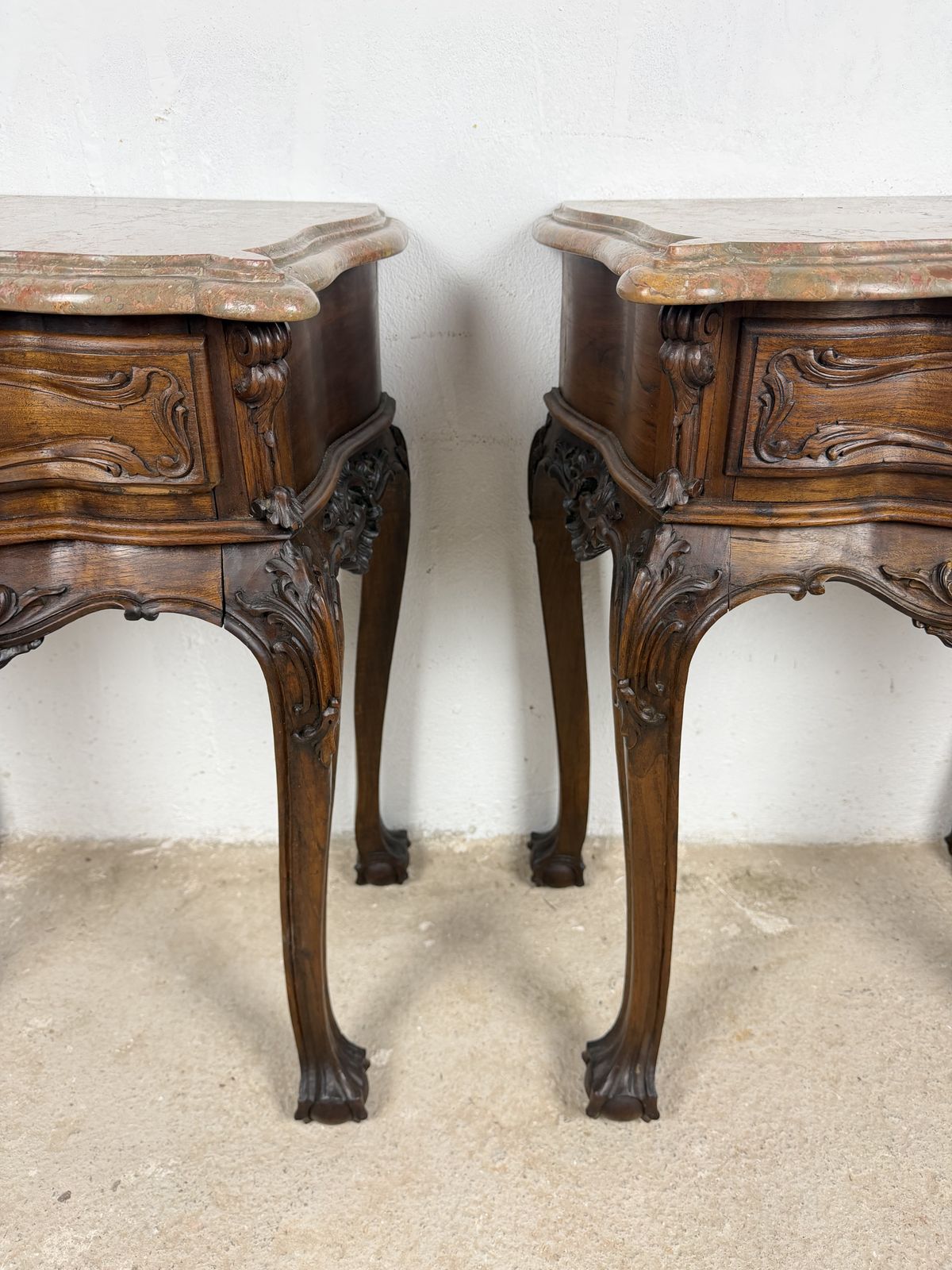 Pair Of French Louis XV Style Nightstands With Marble Tops photo for sale