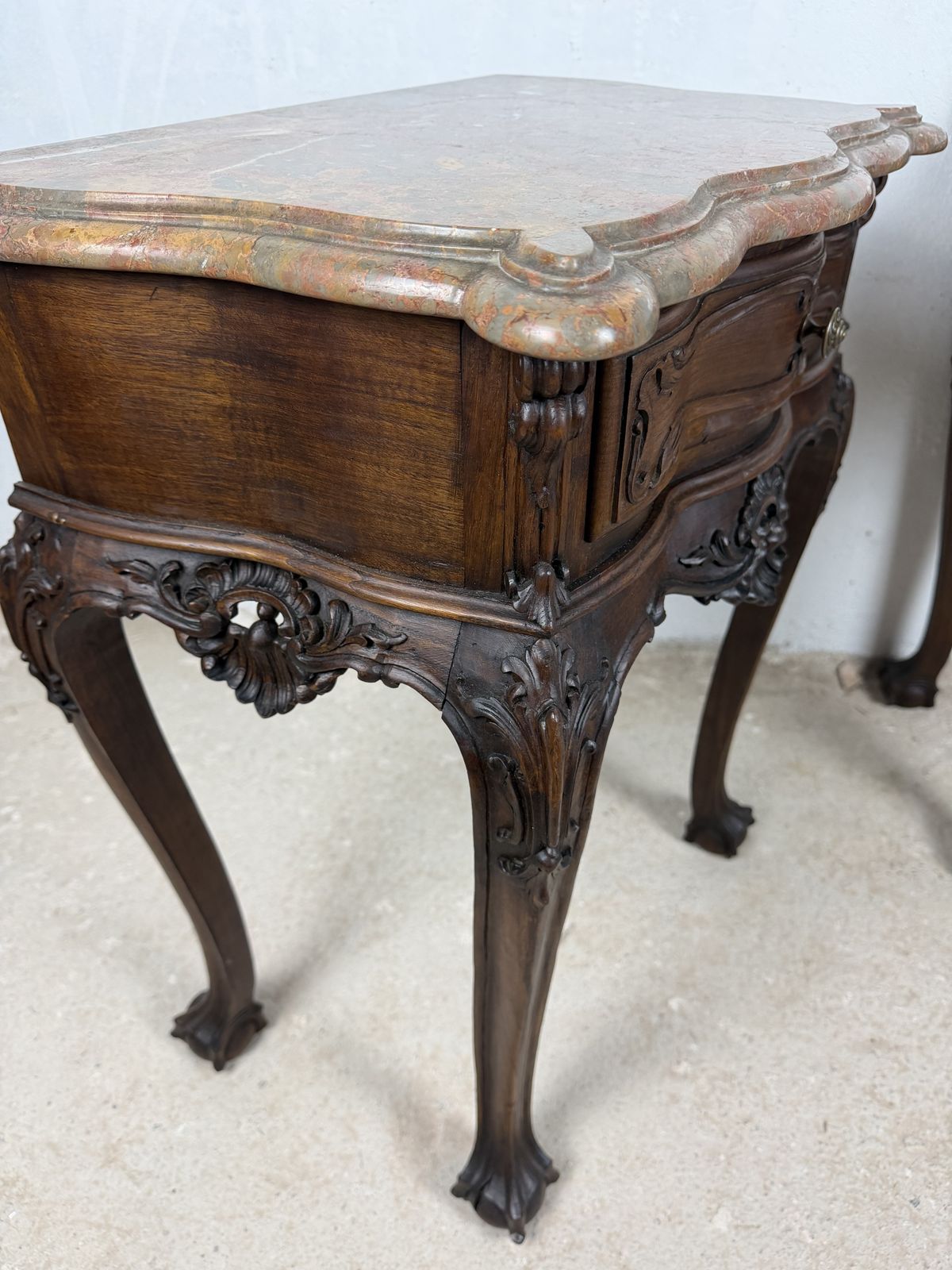 photo for sale Pair Of French Louis XV Style Nightstands With Marble Tops
