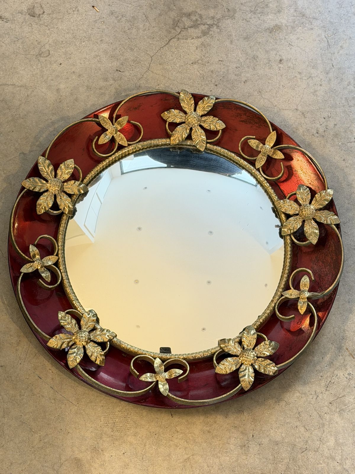 Italian Mid Century Gilt Metal And Ruby Red Enamelled Wall Mirror, C.1950s