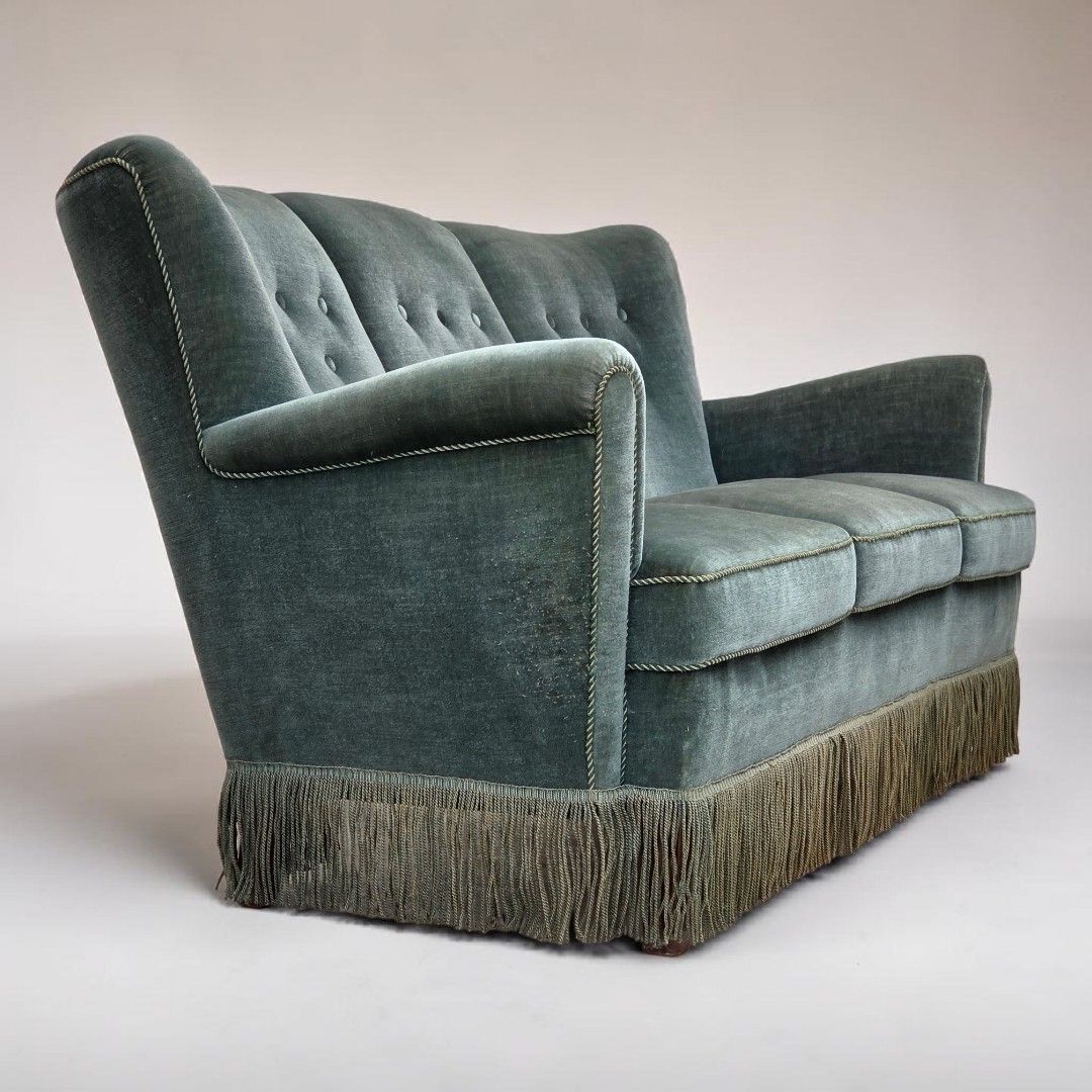 1960s, 3 Seater Danish Sofa, Green Furniture Velour.