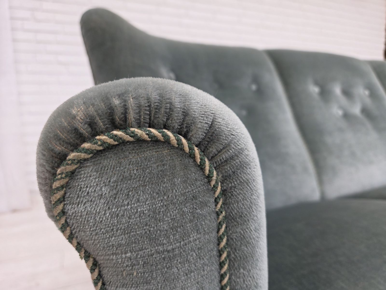 1960s, 3 Seater Danish Sofa, Green Furniture Velour. photo Furniture