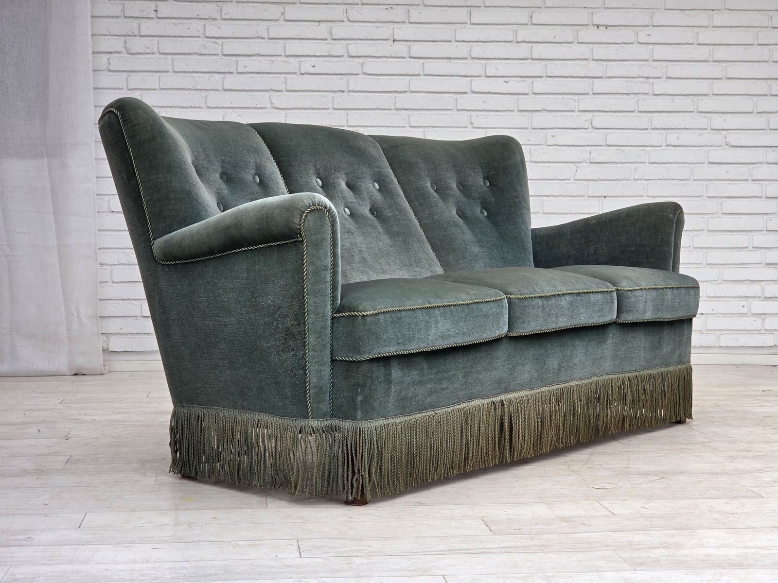 1960s, 3 Seater Danish Sofa, Green Furniture Velour. photo 2050.0
