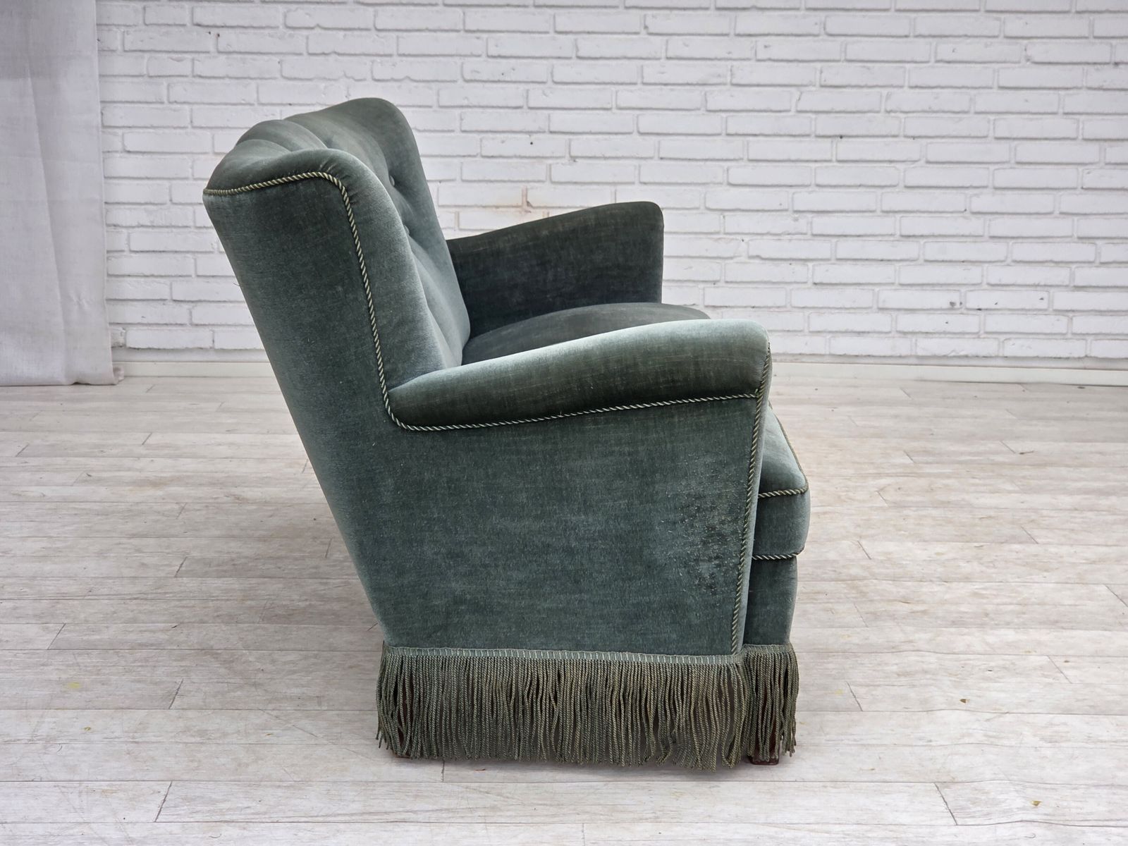 1960s, 3 Seater Danish Sofa, Green Furniture Velour. photo vintage