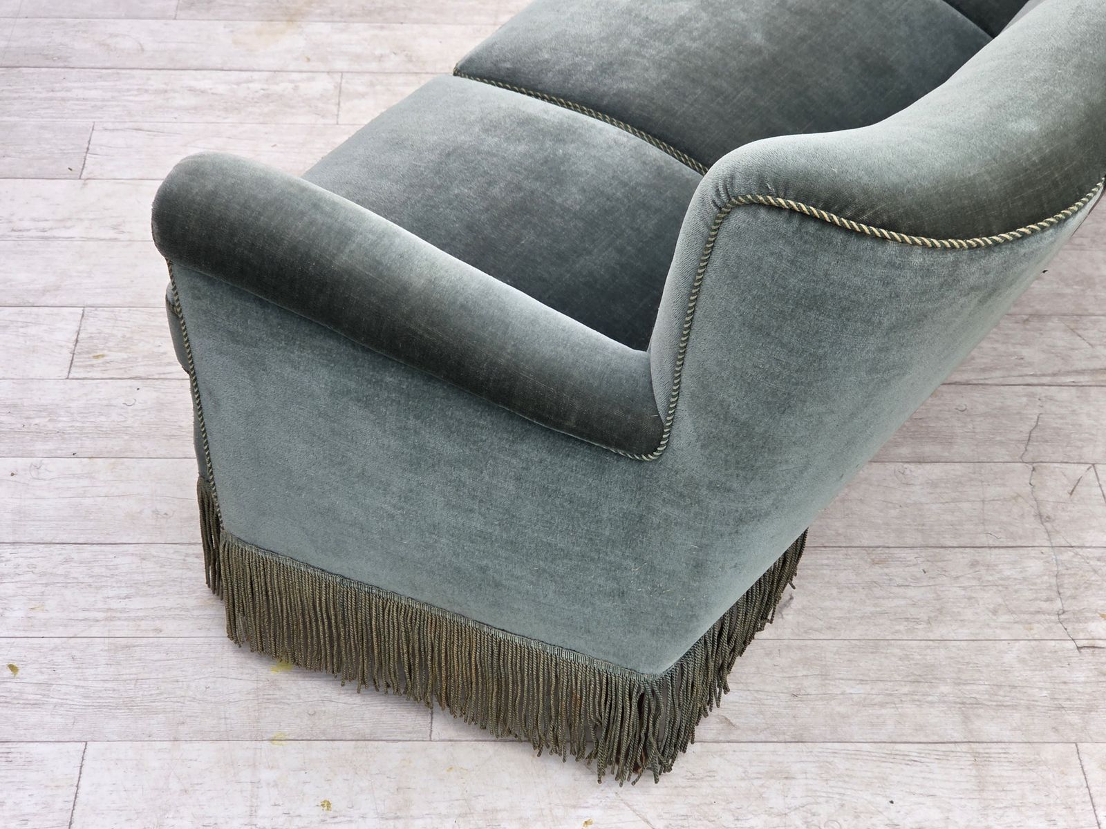 photo buy 1960s, 3 Seater Danish Sofa, Green Furniture Velour.
