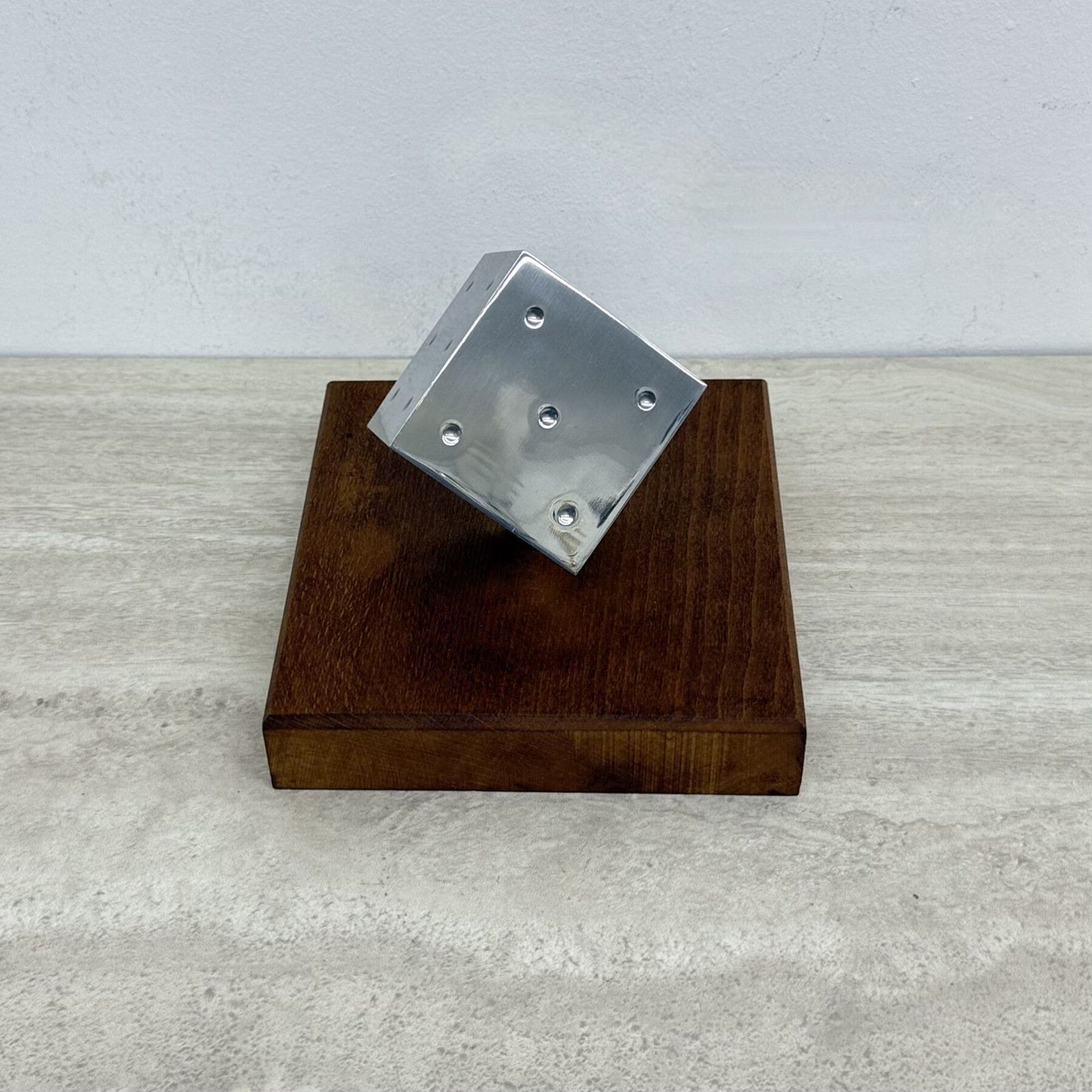 photo for sale Mid Century Metal Dice Sculpture With Wooden Base , 1970s