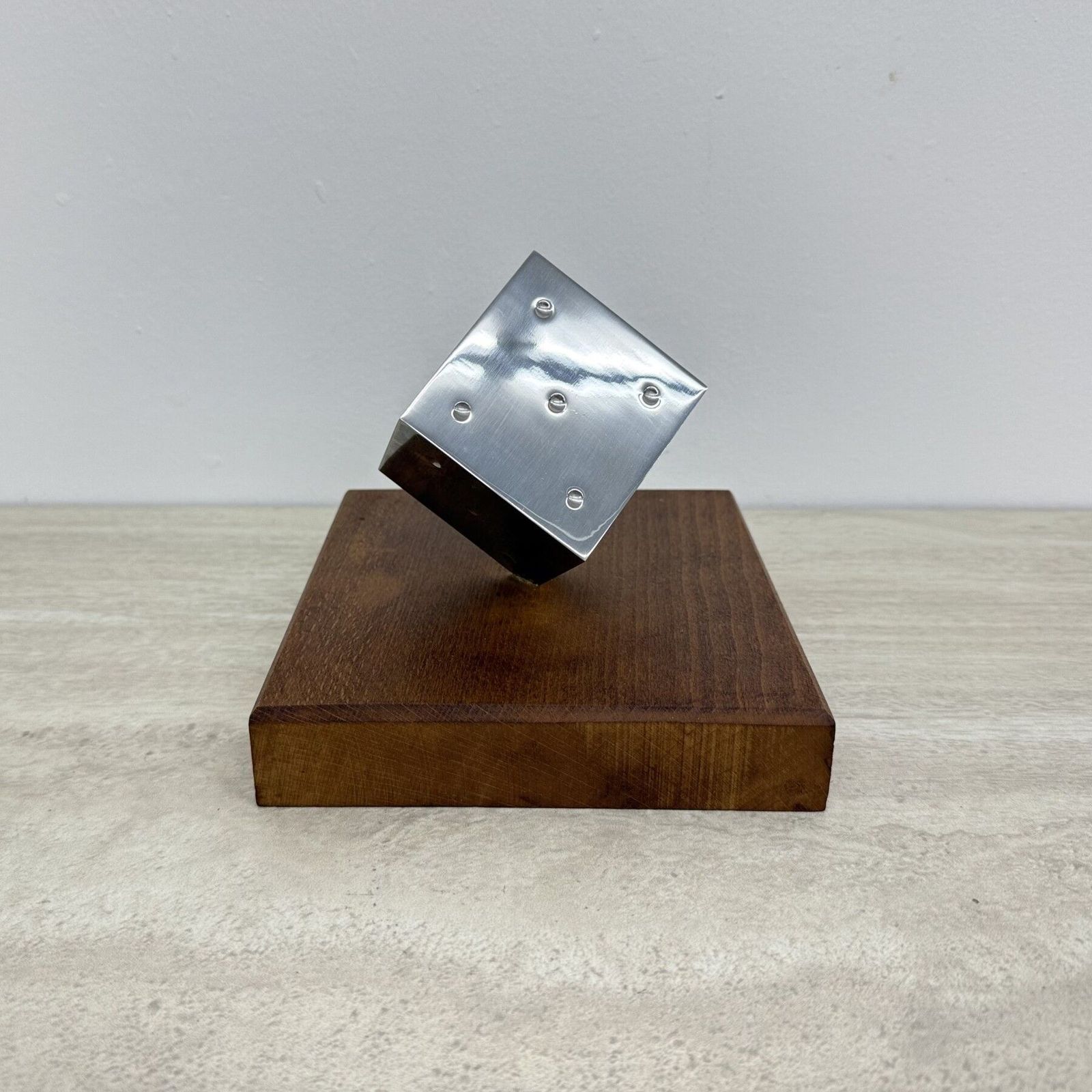 photo buy Mid Century Metal Dice Sculpture With Wooden Base , 1970s