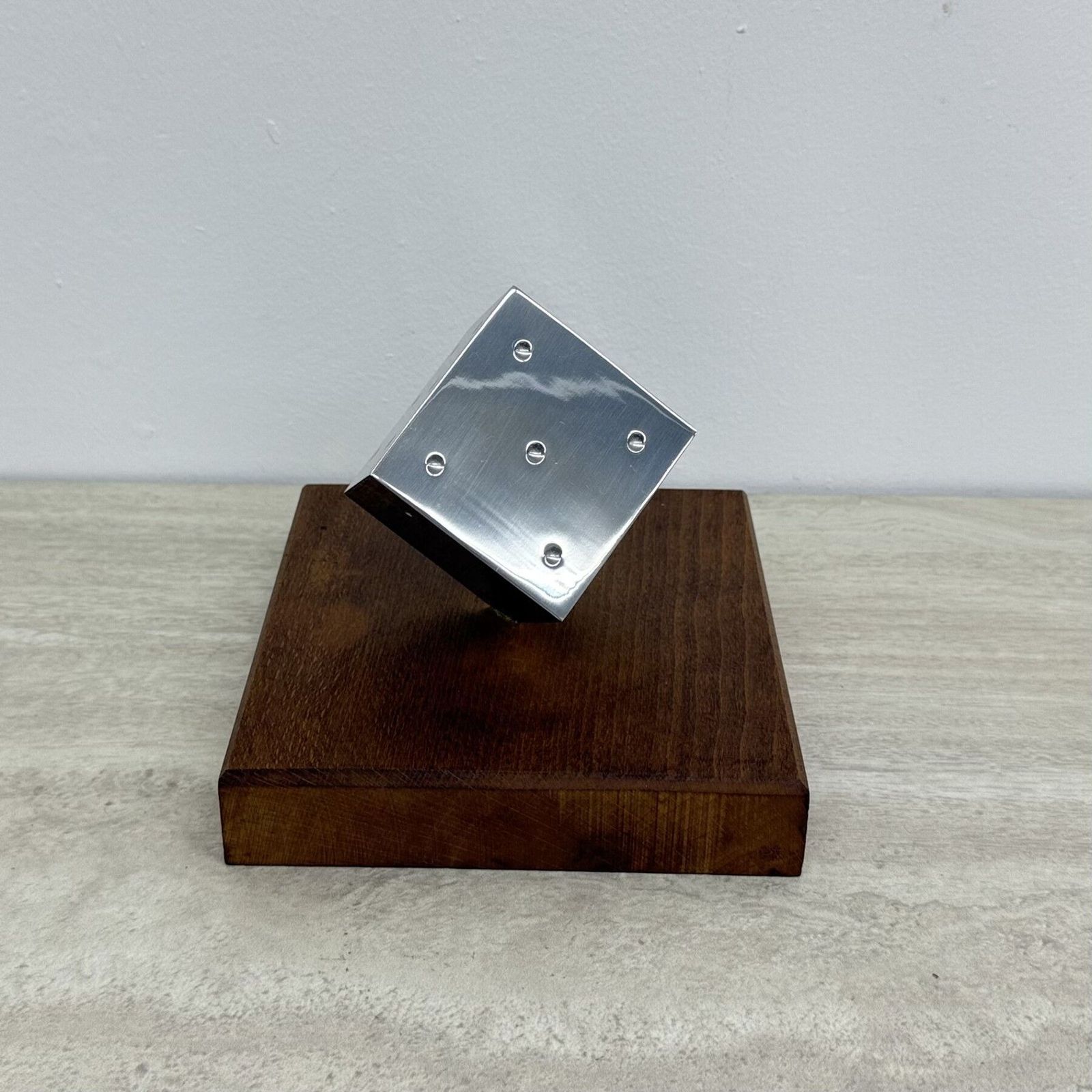 photo vintage Mid Century Metal Dice Sculpture With Wooden Base , 1970s
