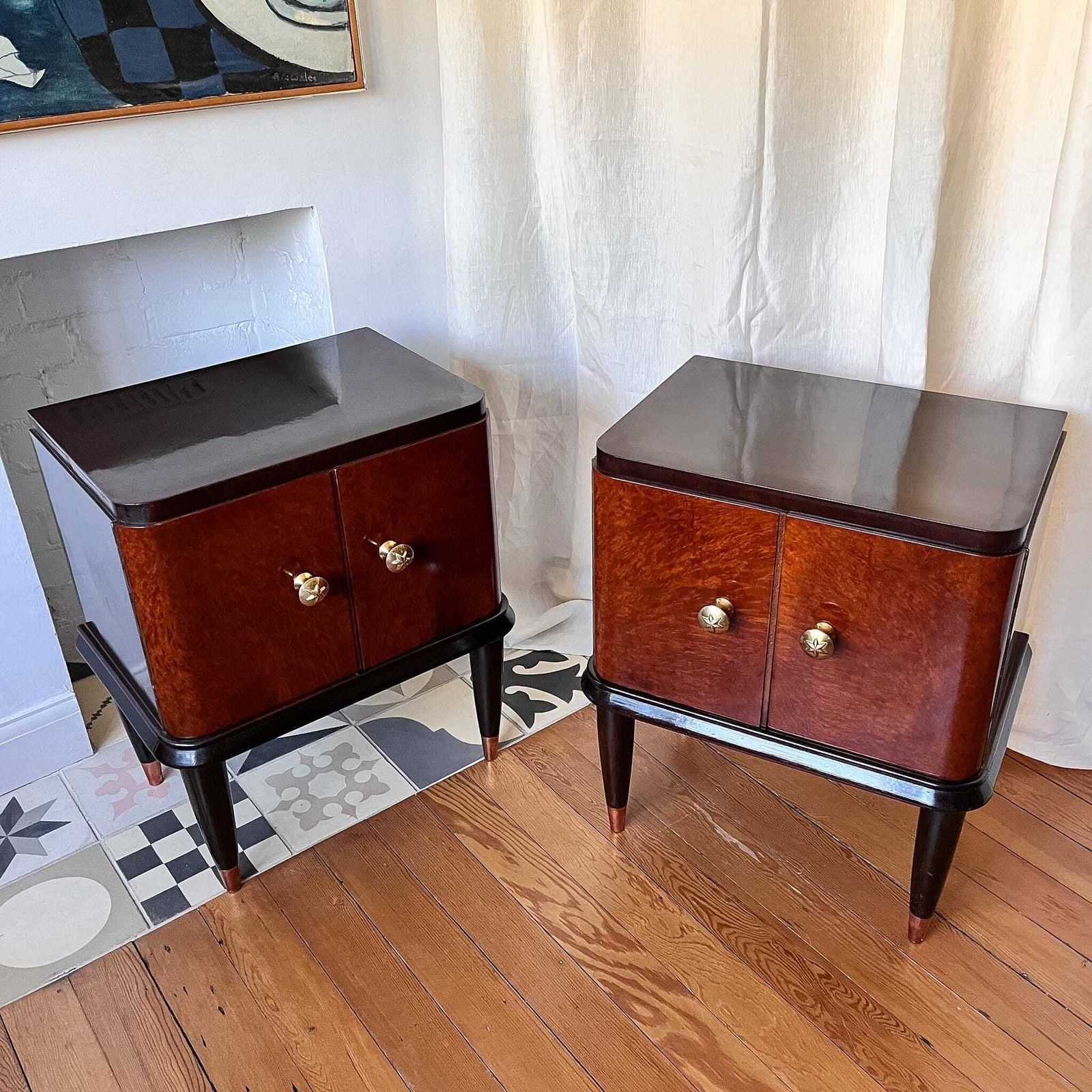 Pair Of Italian Mid Century Burl Mahogany Bedside Cabinets photo Furniture