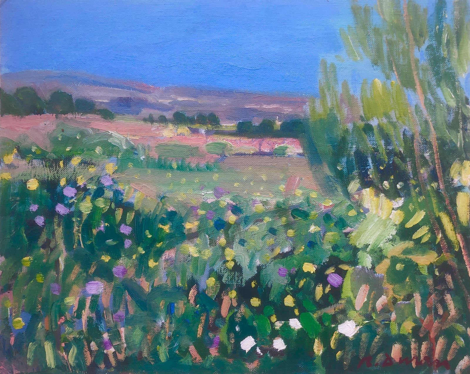 Rafael Duran Benet Colorful Mediterranean Landscape With Wildflowers And Olive Trees, Spanish Oil C.1990