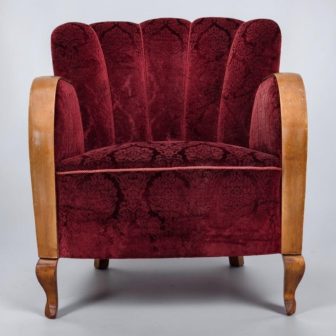 Ca. jaren 1960, Deense fauteuil, kersrood meubelvelours.
