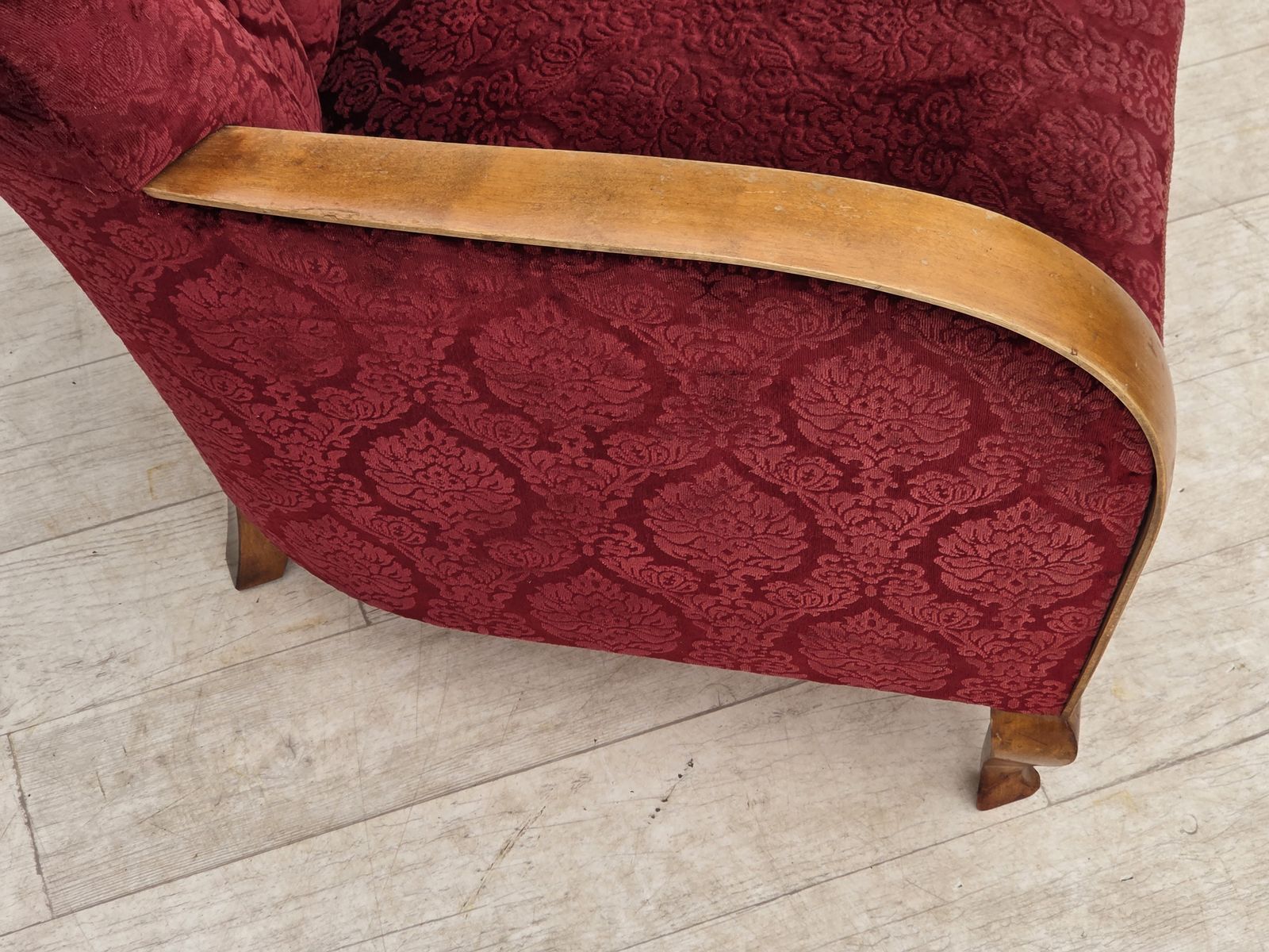 1960s, Danish Armchair, Cherry Red Furniture Velour. photo vinterior