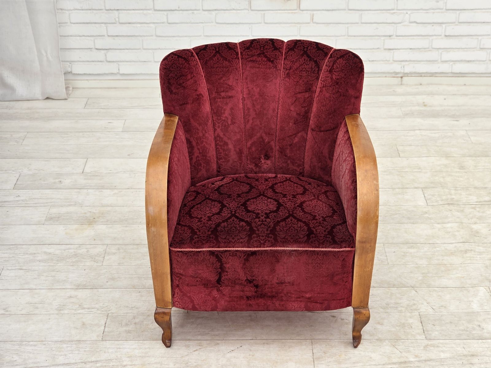 photo furniture 1960s, Danish Armchair, Cherry Red Furniture Velour.
