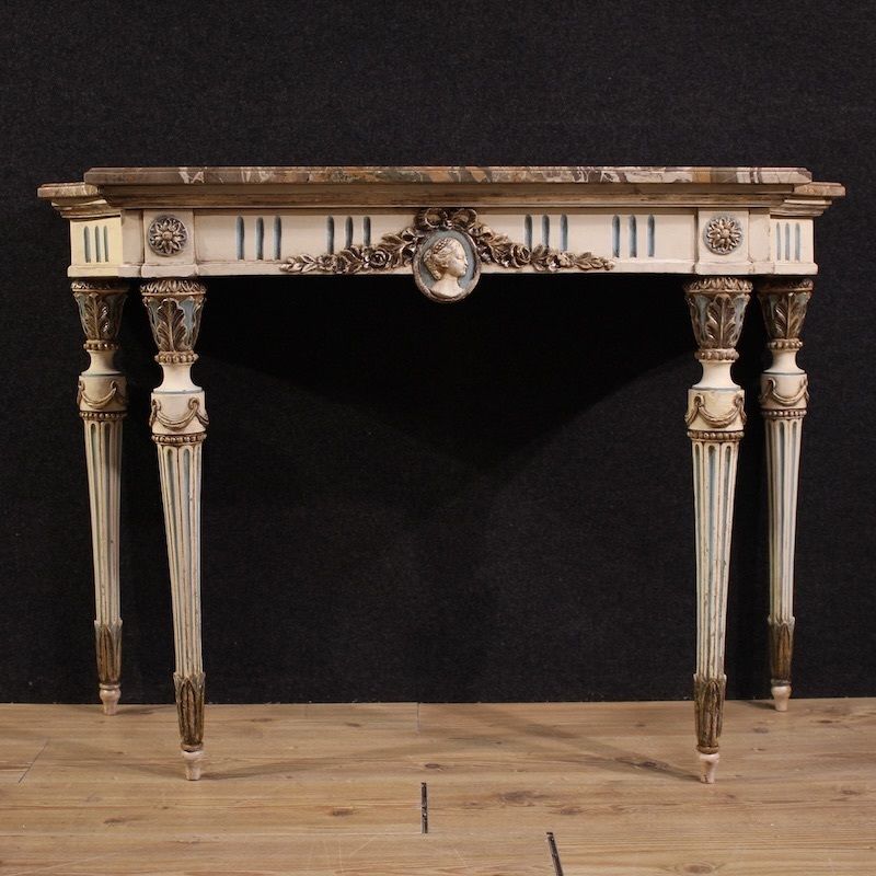 Italiaanse gelakte Louis XVI-stijl console met marmeren blad photo for sale