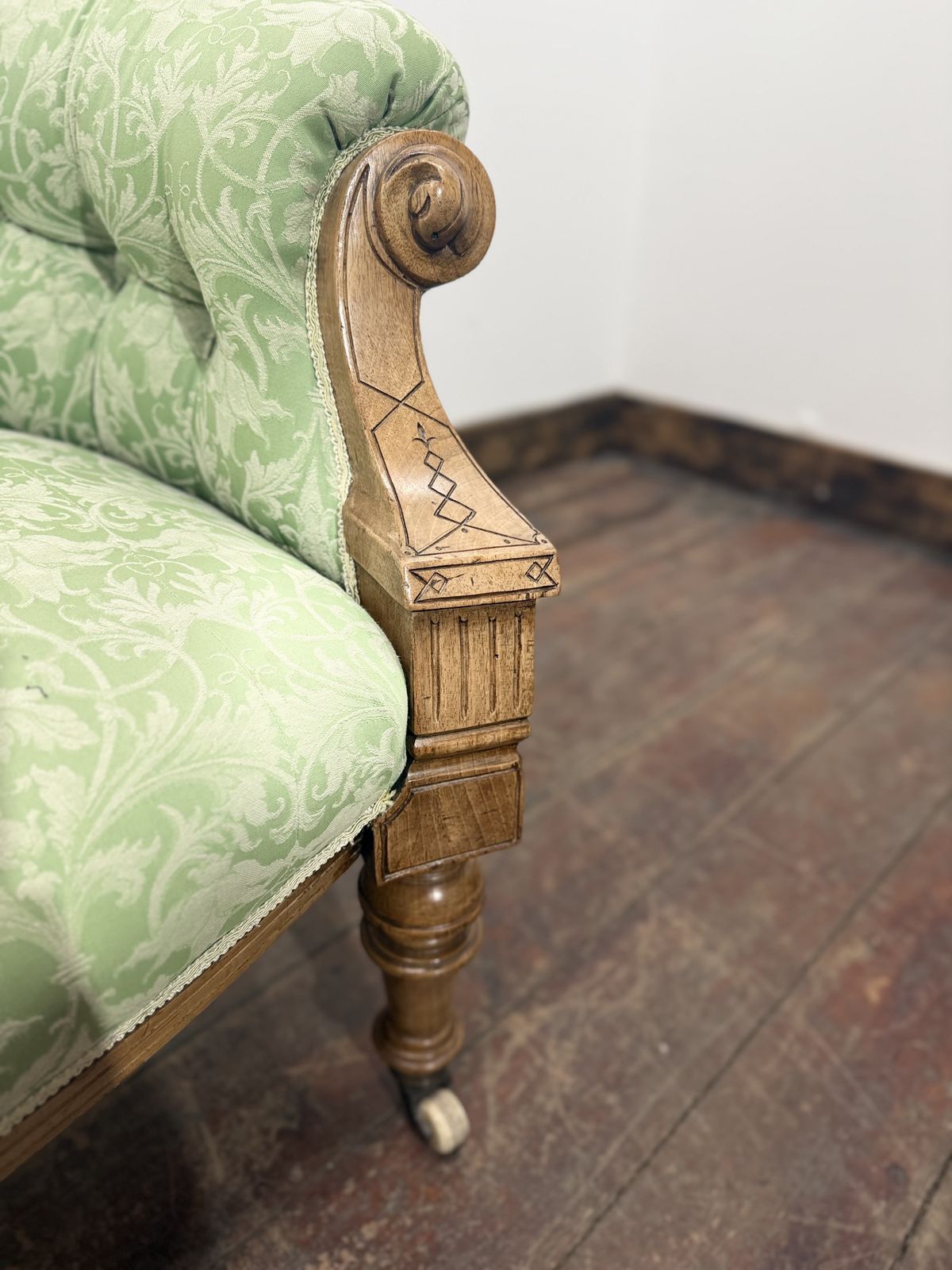 350.0 Victorian Style Carved Walnut Two Seater Sofa Sage Green Upholstery photo