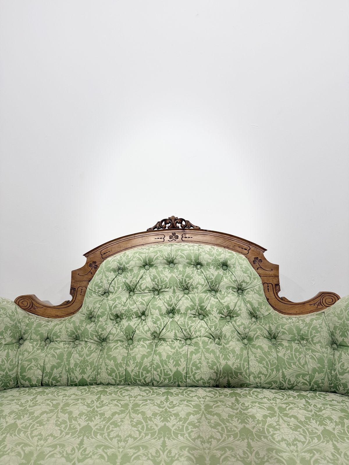 photo vinterior Victorian Style Carved Walnut Two Seater Sofa Sage Green Upholstery