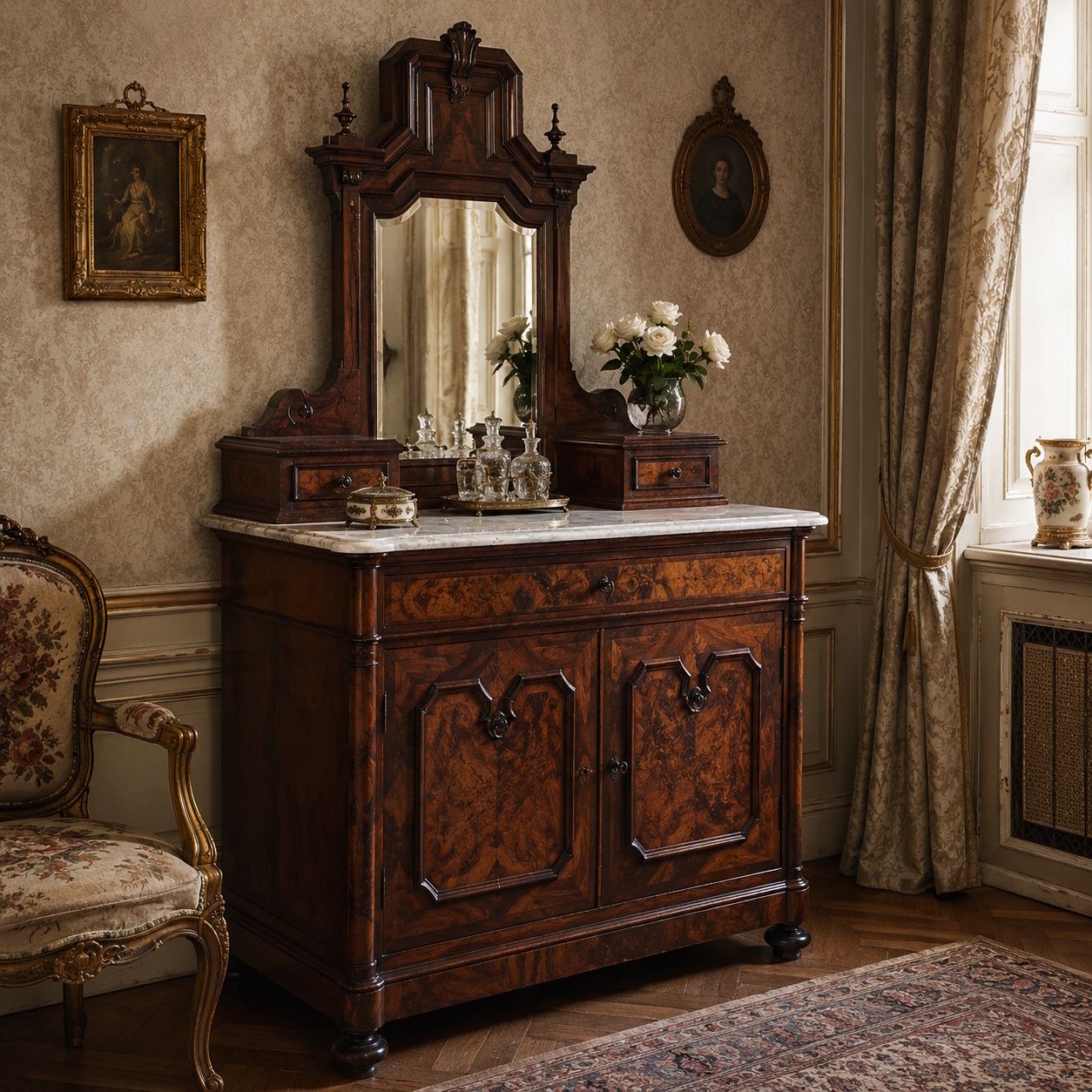 Italiaanse Late Umbertino walnoten toilettkast, door Cucchi & Sola, Turijn, ca. 1880 photo for sale