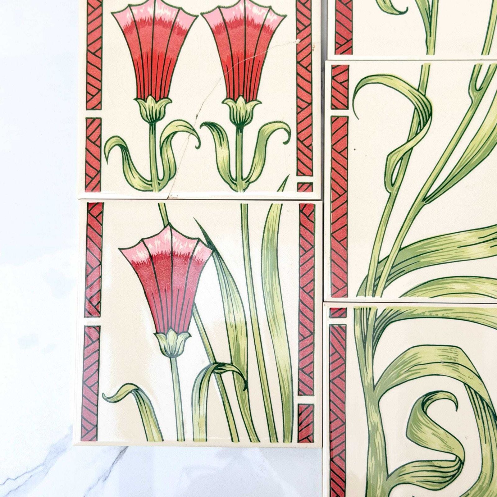 H&R Johnson Art Nouveau Floral Ceramic Tiles Set 6 Vintage photo Home Fixtures