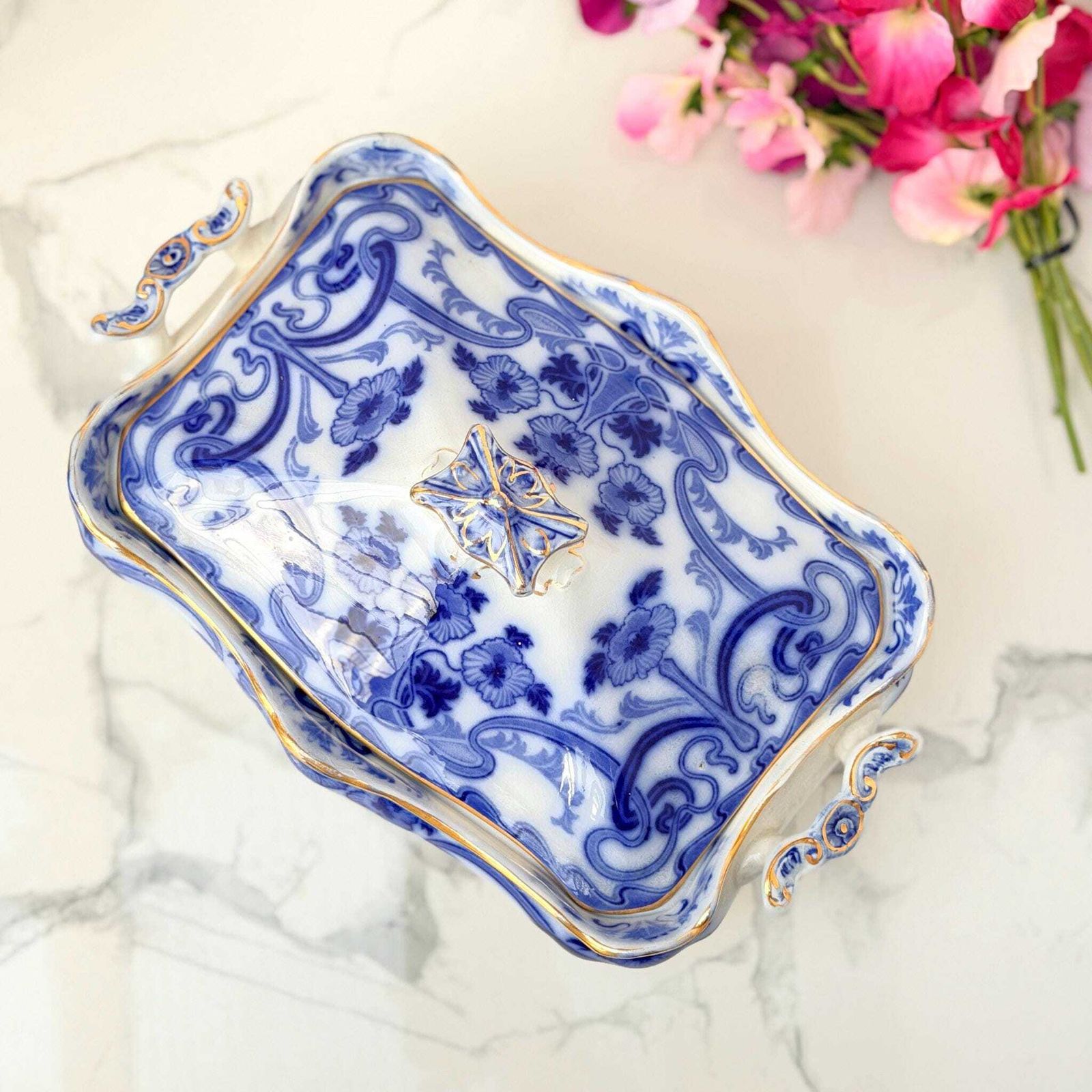 Antieke Burleigh blauw-wit terrine, Art Nouveau met vergulde details, 1903 photo vinterior