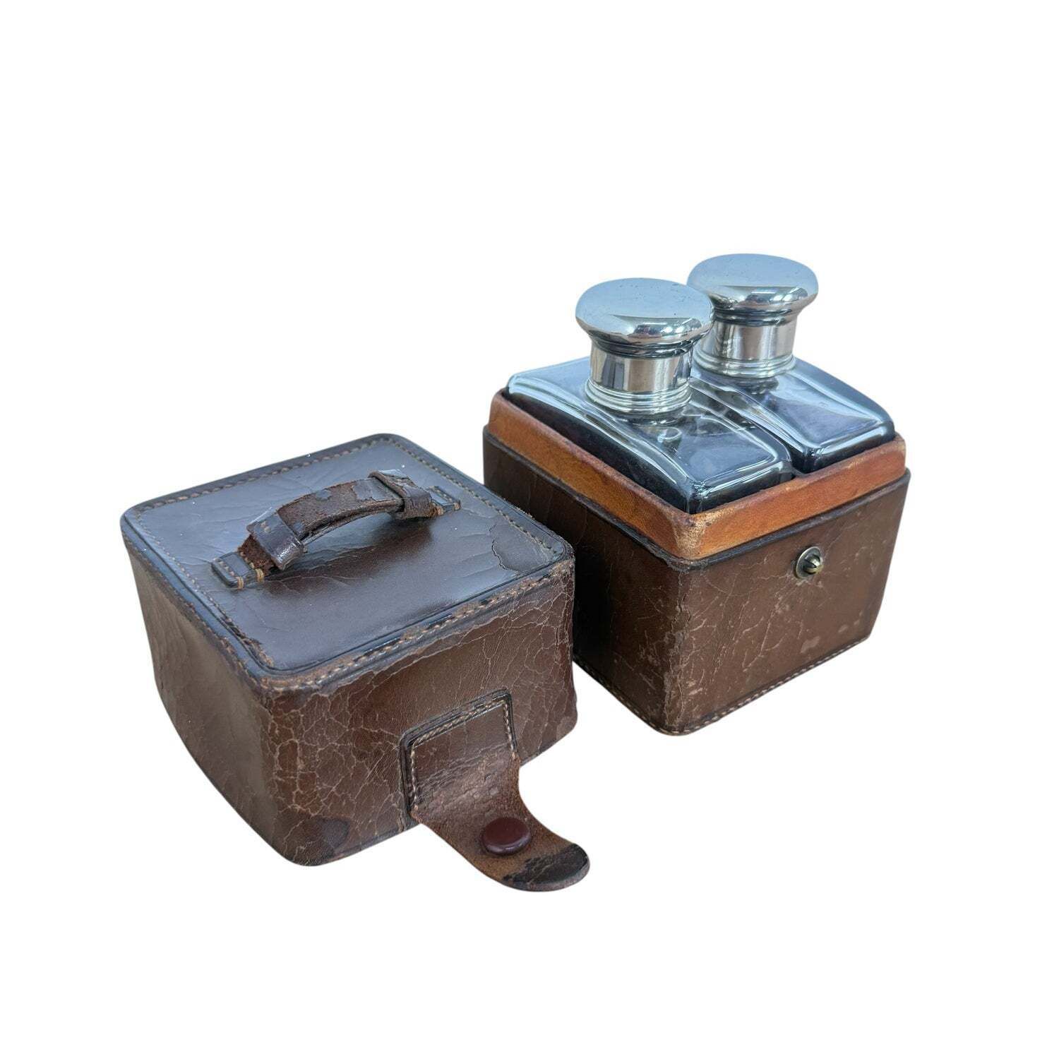Antique Travel Perfume Bottles In Leather Case photo furniture