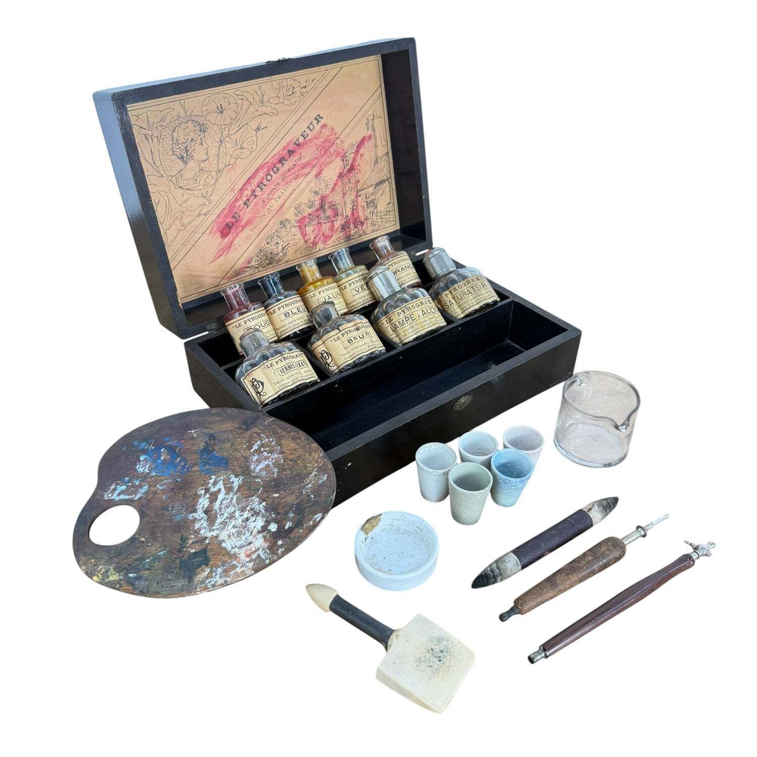 Antique Pyrography Paint Set In Wooden Case photo furniture