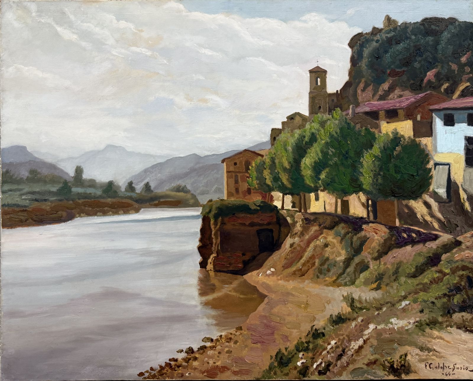 Francesc Galofré Surís, paysage méditerranéen catalan avec village et rivière, huile sur toile, 1964