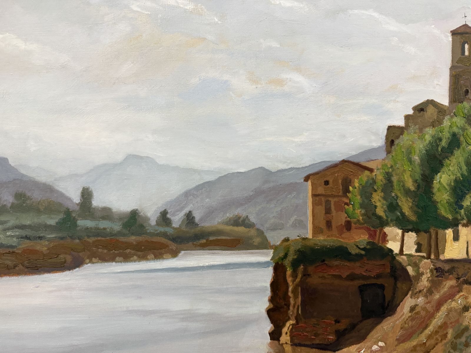 Francesc Galofré Surís, paysage méditerranéen catalan avec village et rivière, huile sur toile, 1964 photo buy