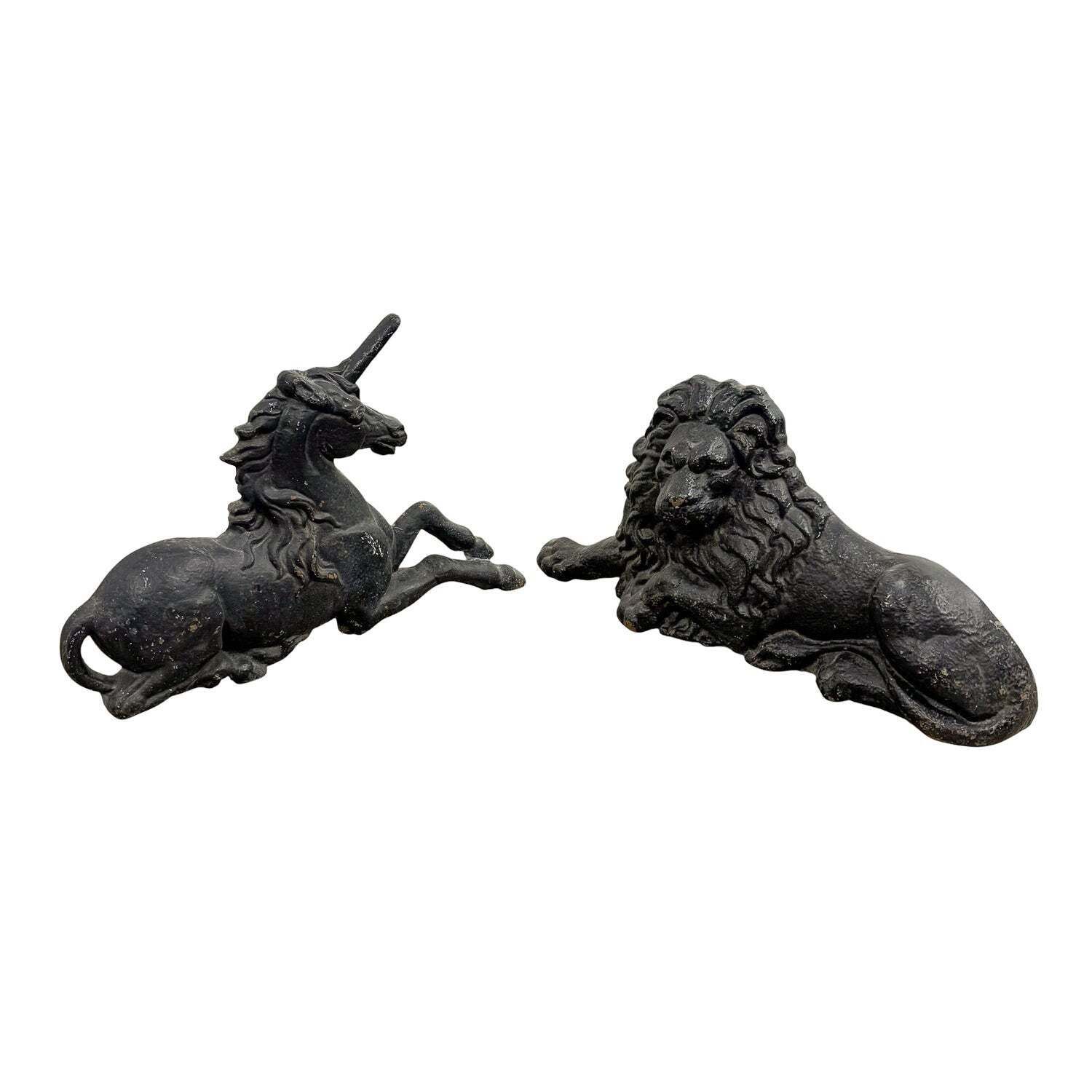 Pair Of Antique English Cast Iron Lion & Unicorn Boot Scrapers / Andirons