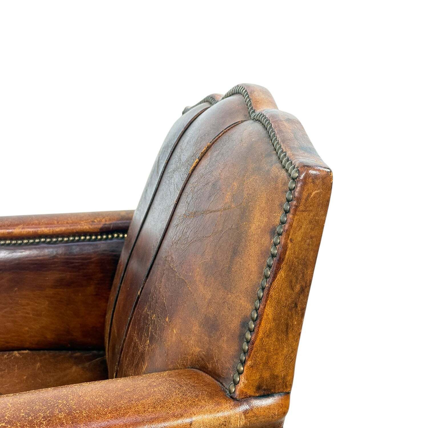 French Antique Leather Moustache Club Chair photo vintage