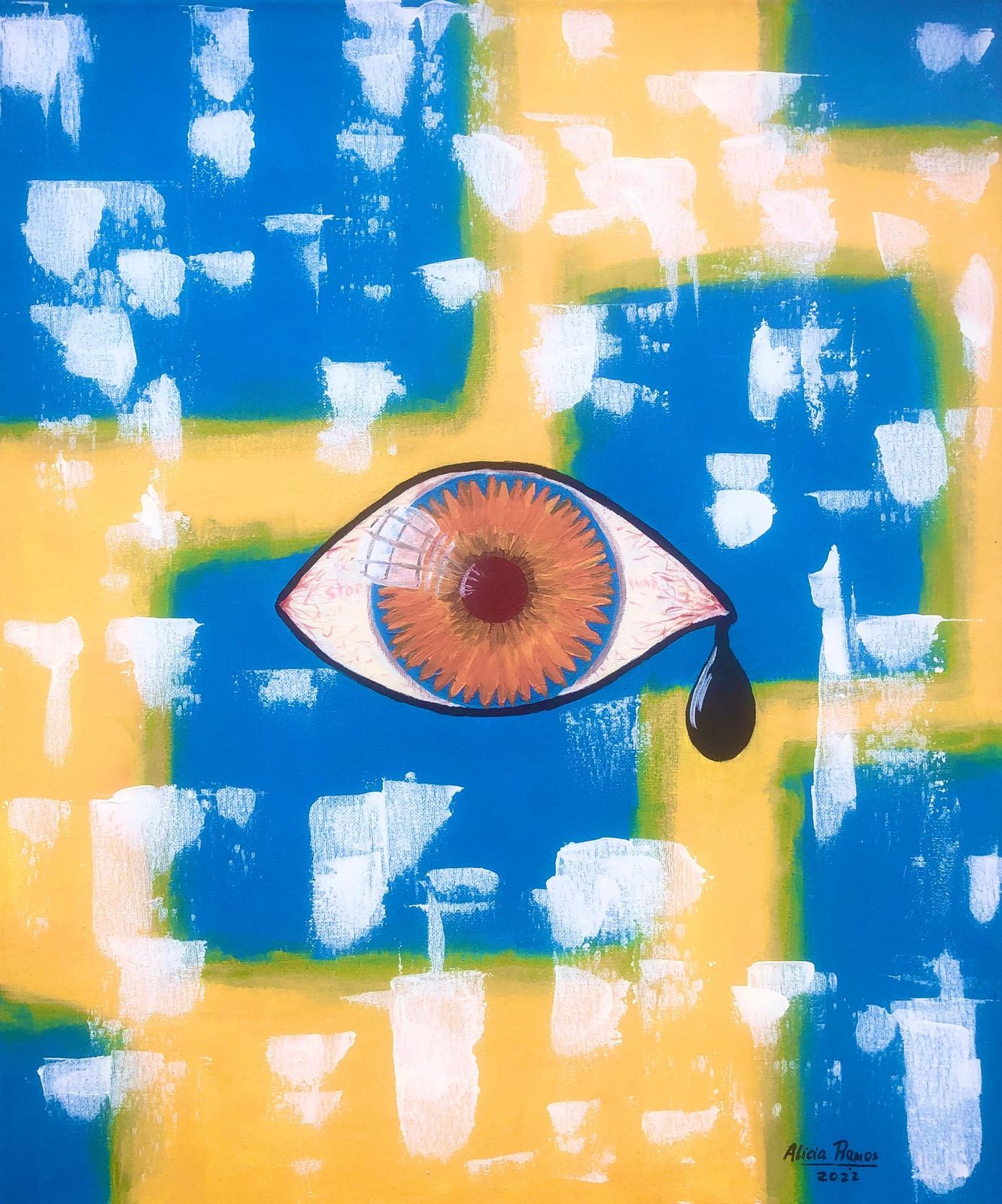 Alicia Ramos, « Symbolist Eye With Black Tear », peinture acrylique, hommage à l'Ukraine, art contemporain, 2022