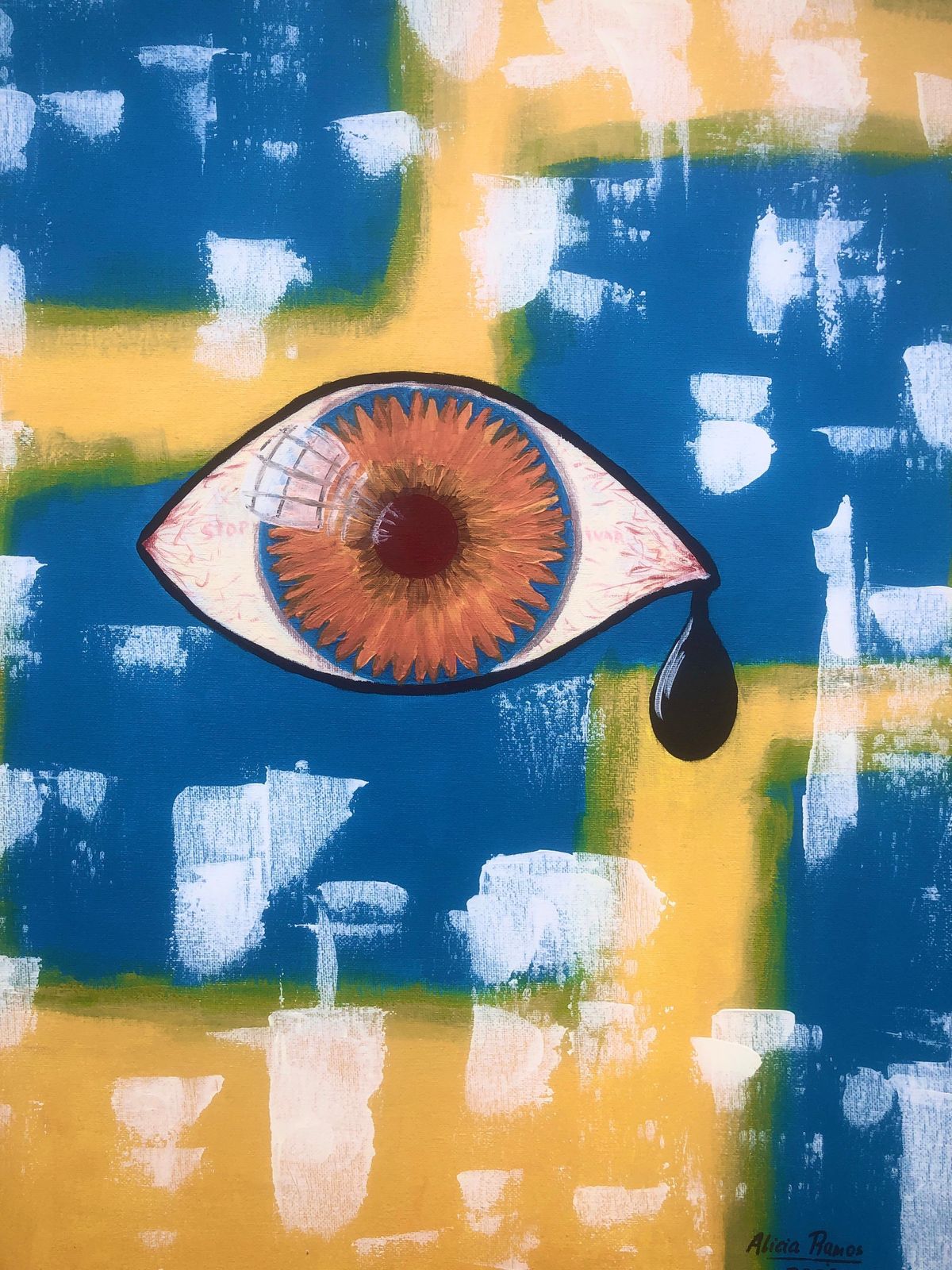 Alicia Ramos, « Symbolist Eye With Black Tear », peinture acrylique, hommage à l'Ukraine, art contemporain, 2022 photo buy