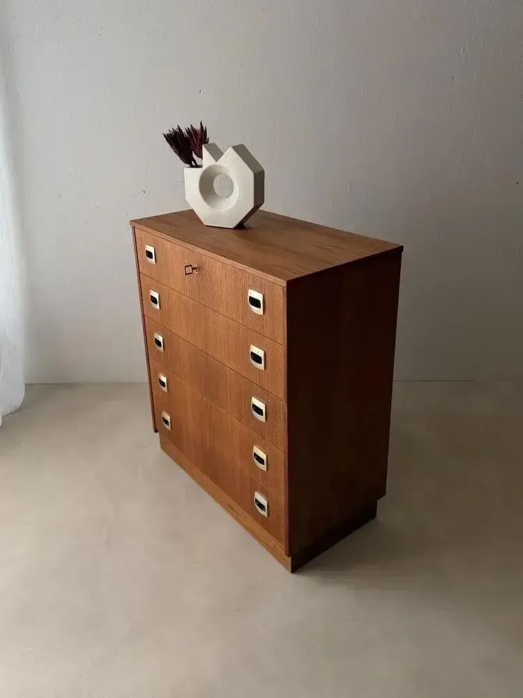 Furniture Swedish Mid Century Teak Chest Of Drawers, Five Drawers photo