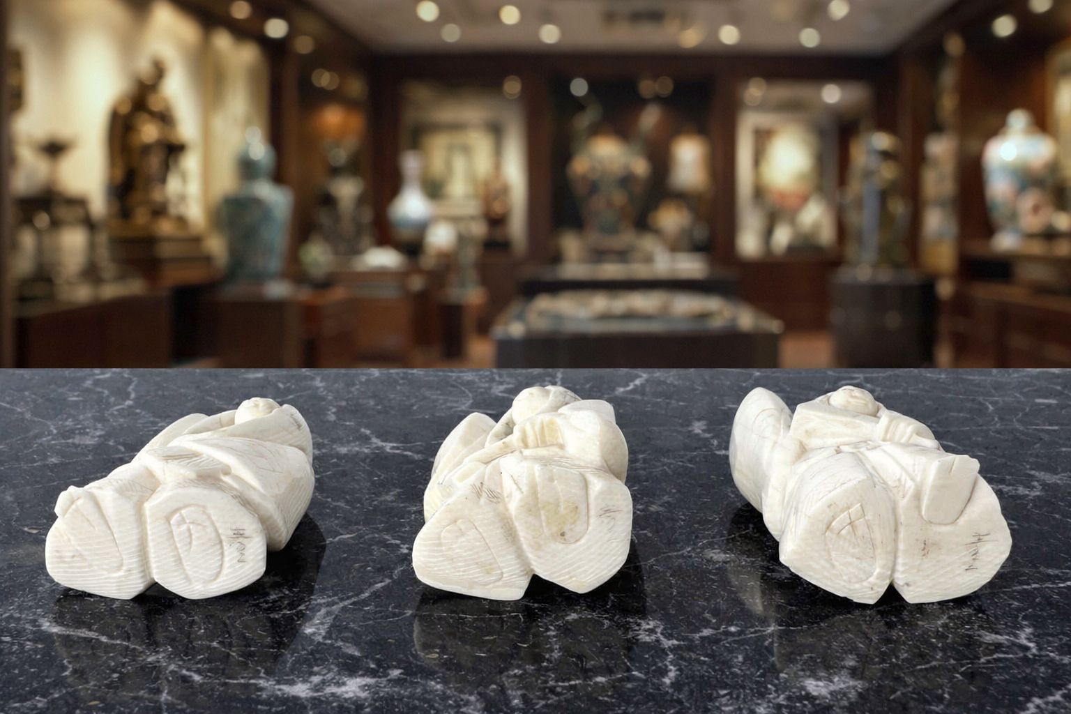 photo vinterior Set van drie netsuke-sculpturen – Draaiend gezicht – Japan, Meiji-periode (1868–1912)