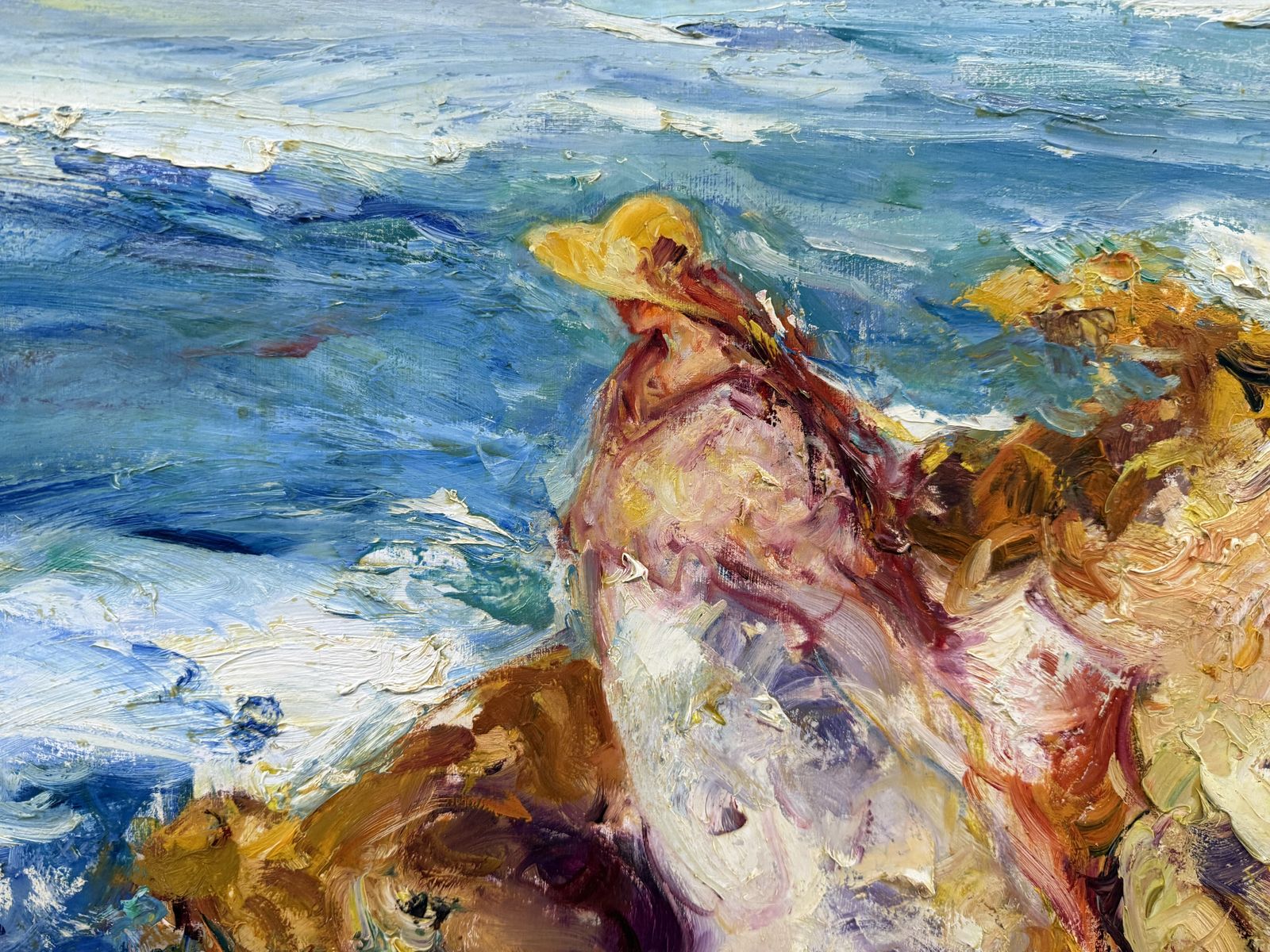 Jose Antonio Pineda Bueno – Mediterrane vrouw op de rotsen – Zeegezicht – Olieverfschilderij – Spaans expressionisme – 2000 photo buy