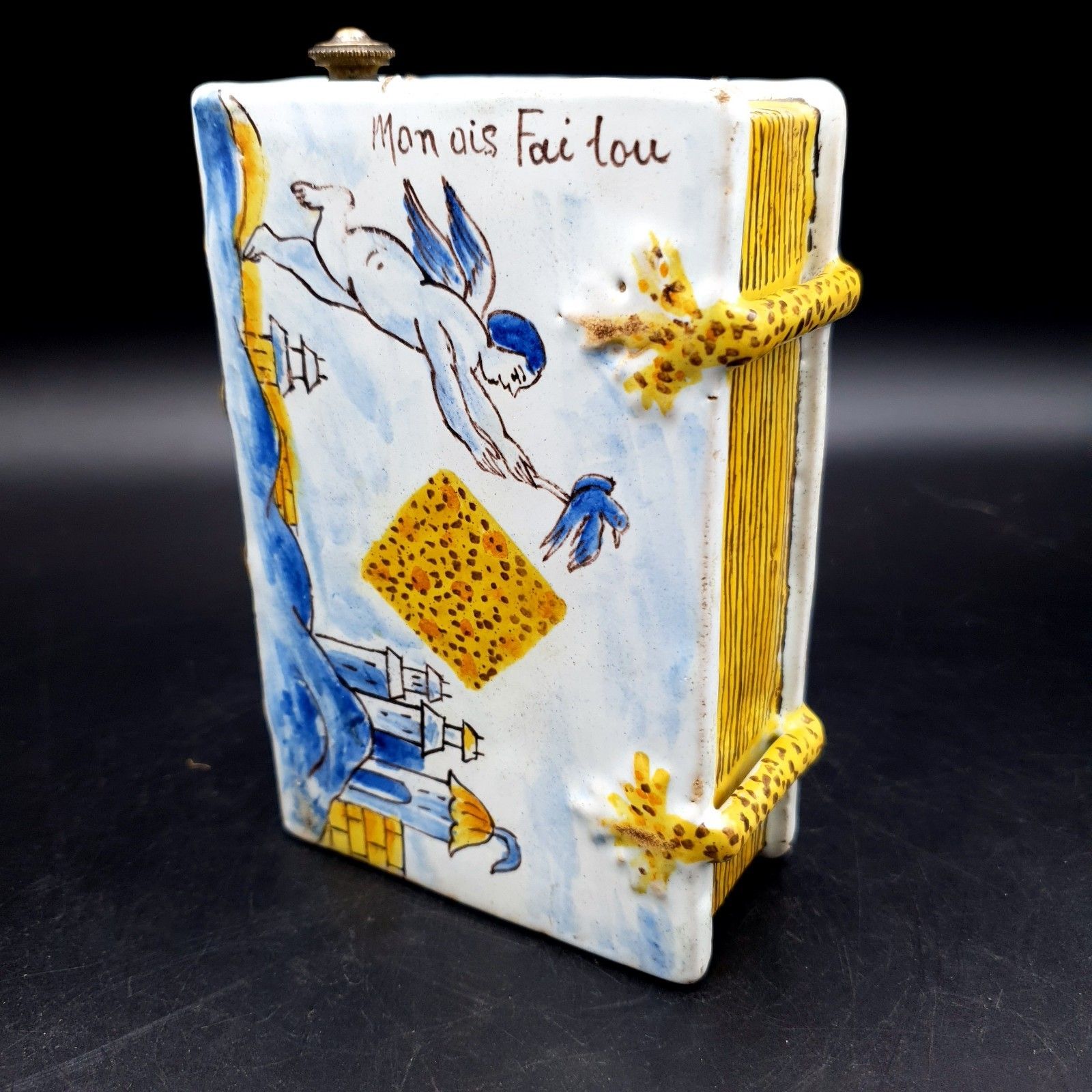 Antiek Frans faience boekvormige handwarmer (Secouette) toegeschreven aan Nevers