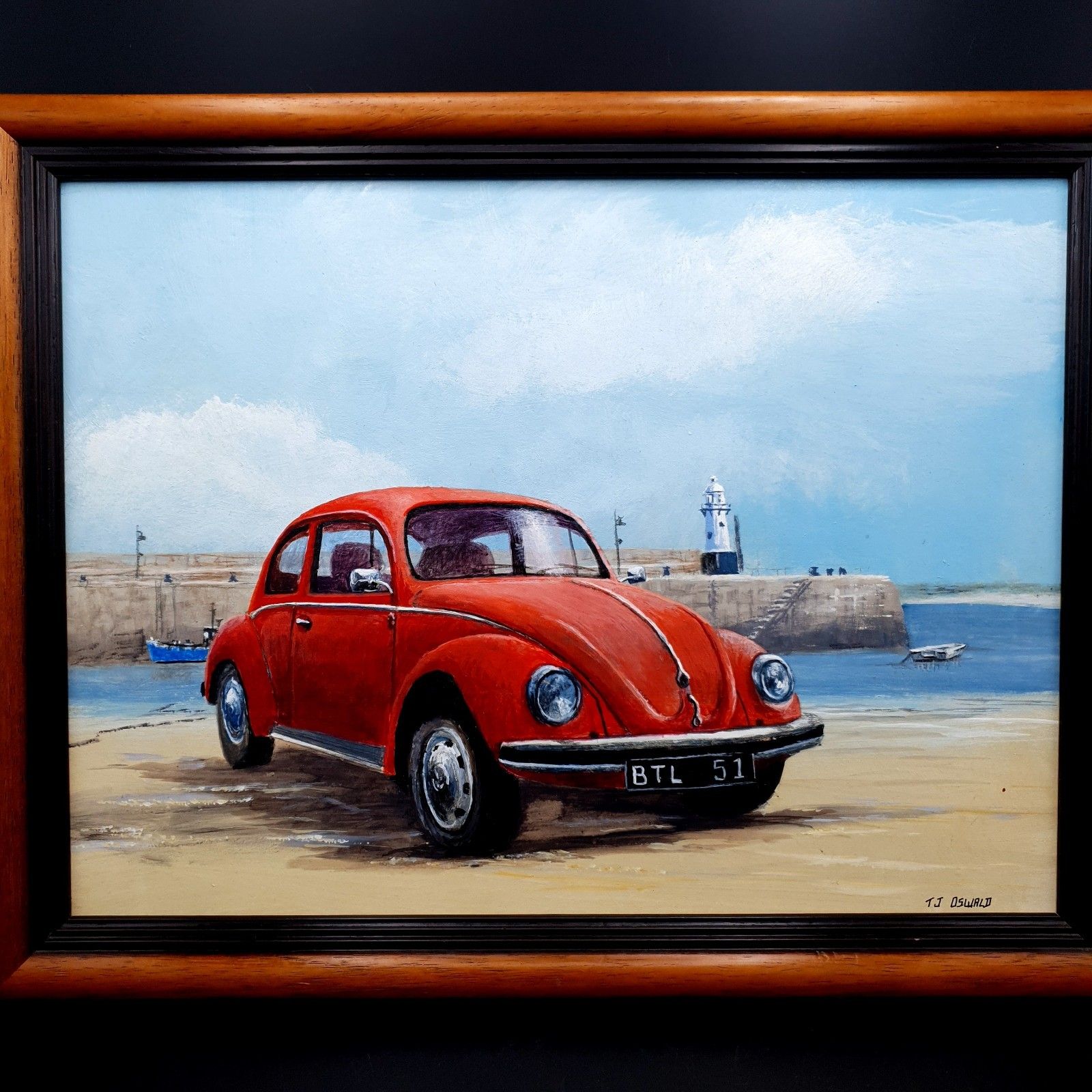 Gesigneerd Tj Oswald Olieverf op Paneel Volkswagen Beetle Auto Ingelijst L46,5 cm x 35,5 cm photo for sale