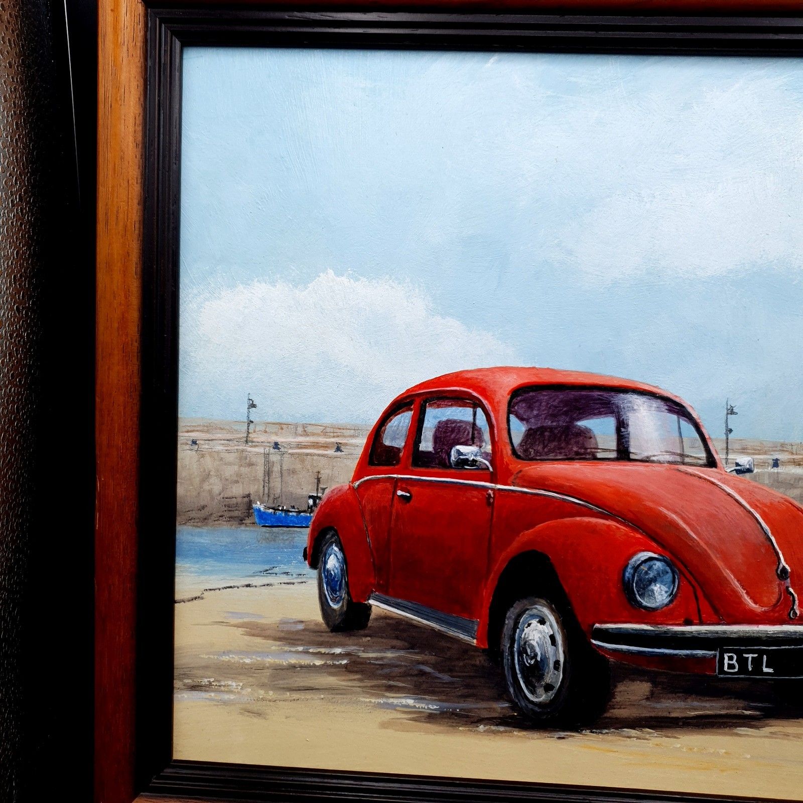 Signed Tj Oswald Oil On Board Volkswagen Beetle Car Framed L46.5cmx35.5cm photo Art