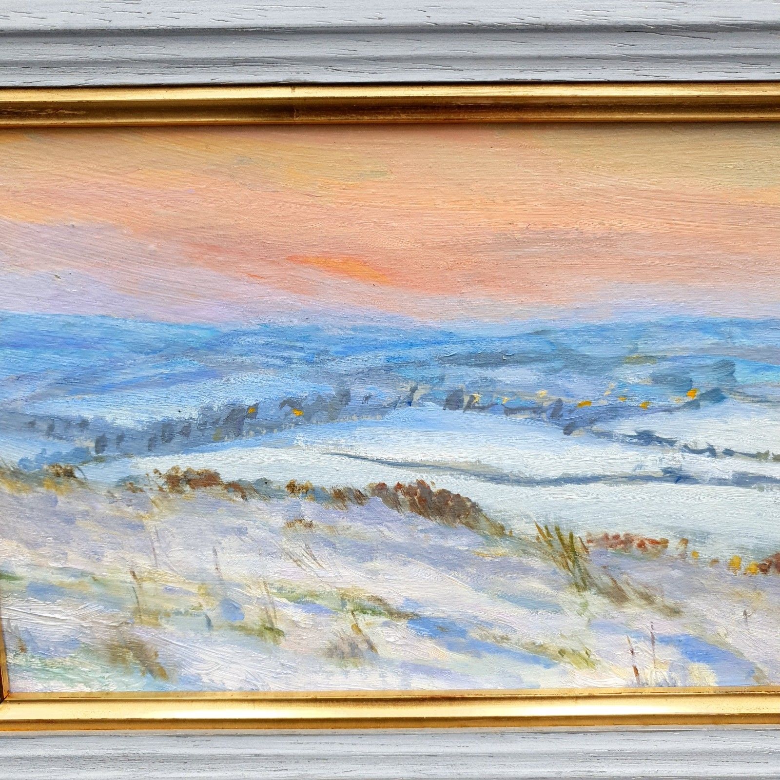 Virginia Albutt Gesigneerd Olieverf op Board Zonsondergang boven Magog Down L35,4xH24,8cm Ingelijst photo 125.0