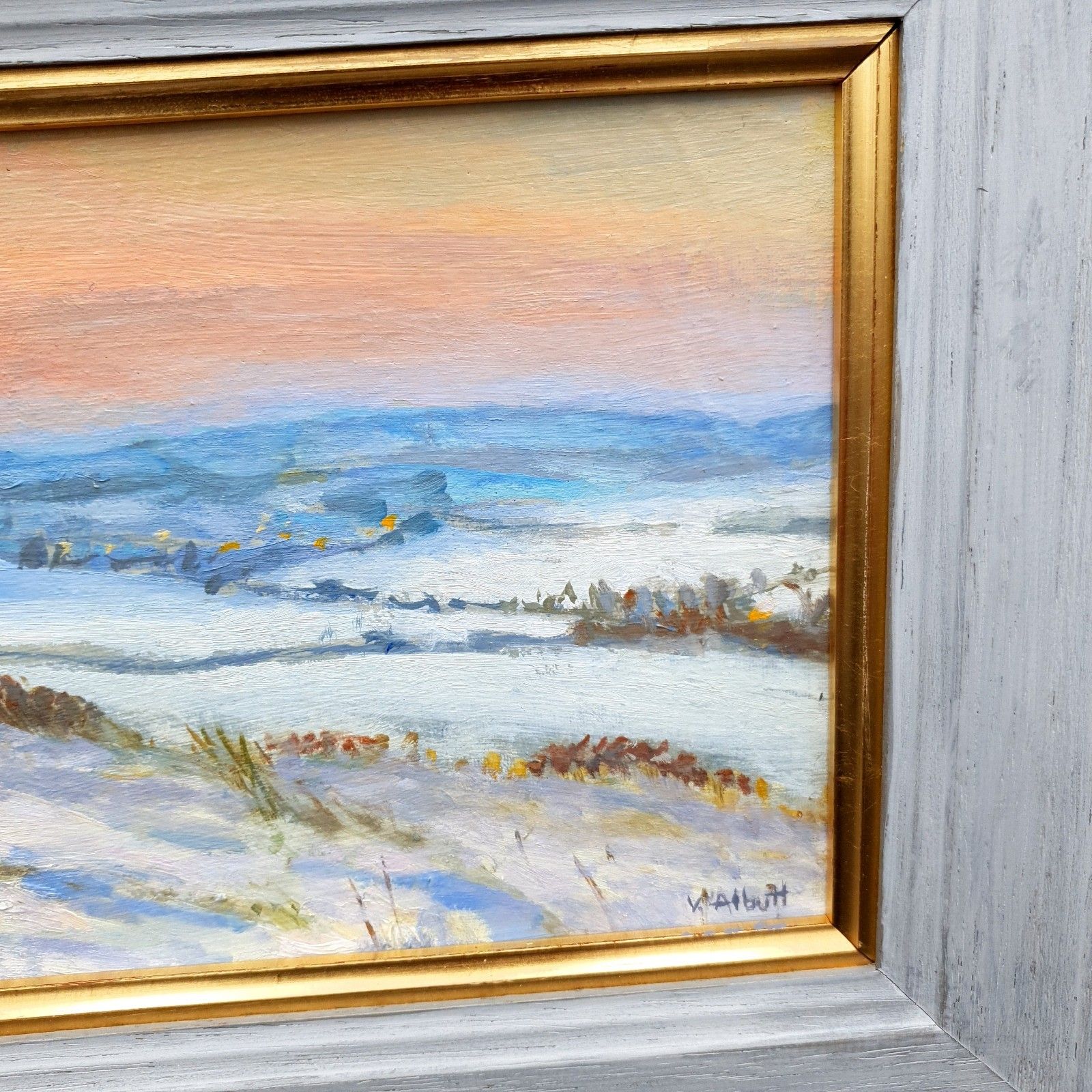 Virginia Albutt Gesigneerd Olieverf op Board Zonsondergang boven Magog Down L35,4xH24,8cm Ingelijst photo buy