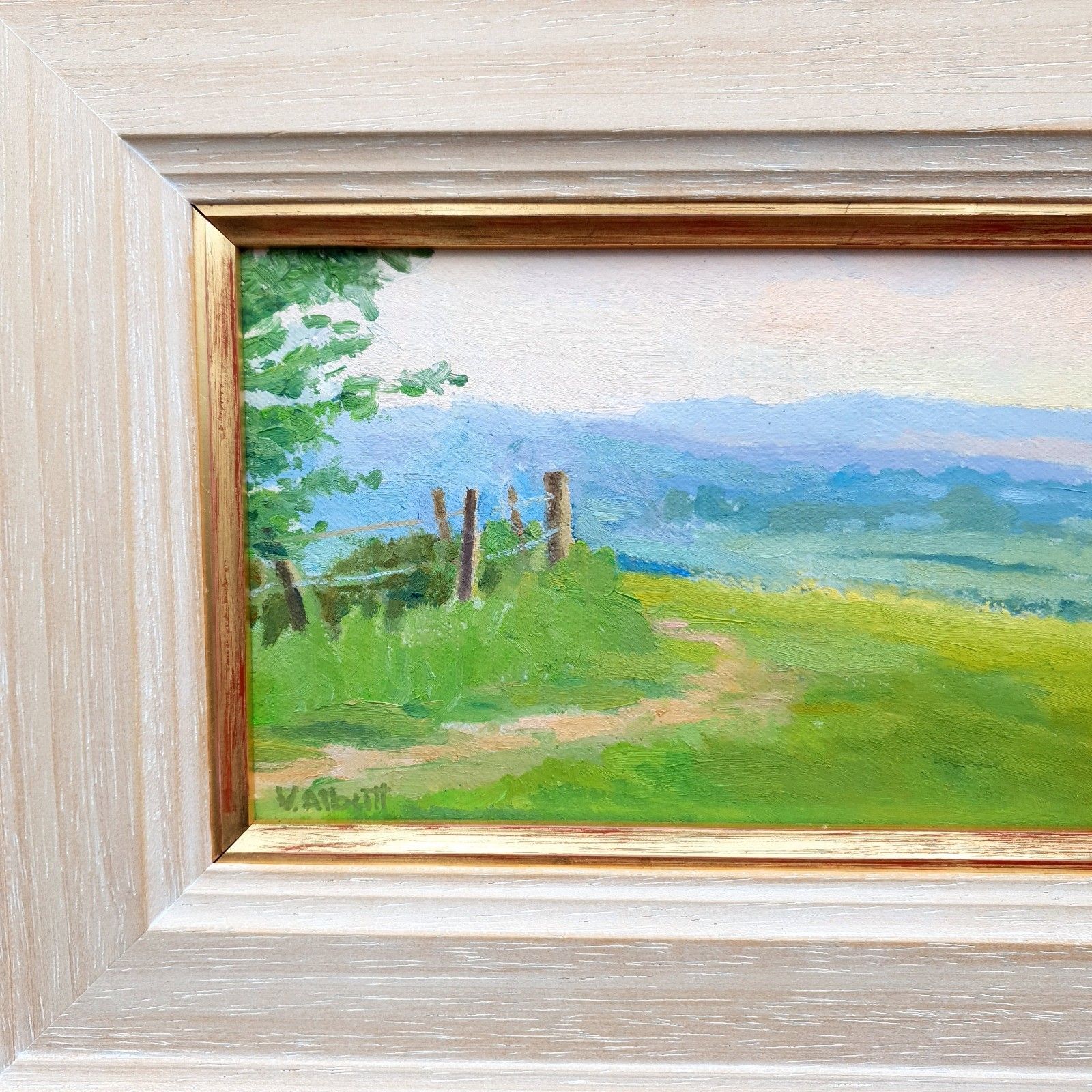 Virginia Albutt Gesigneerd Olieverf Op Board Magog Down Sunset L35,5xH21,4cm Ingelijst photo Kunst