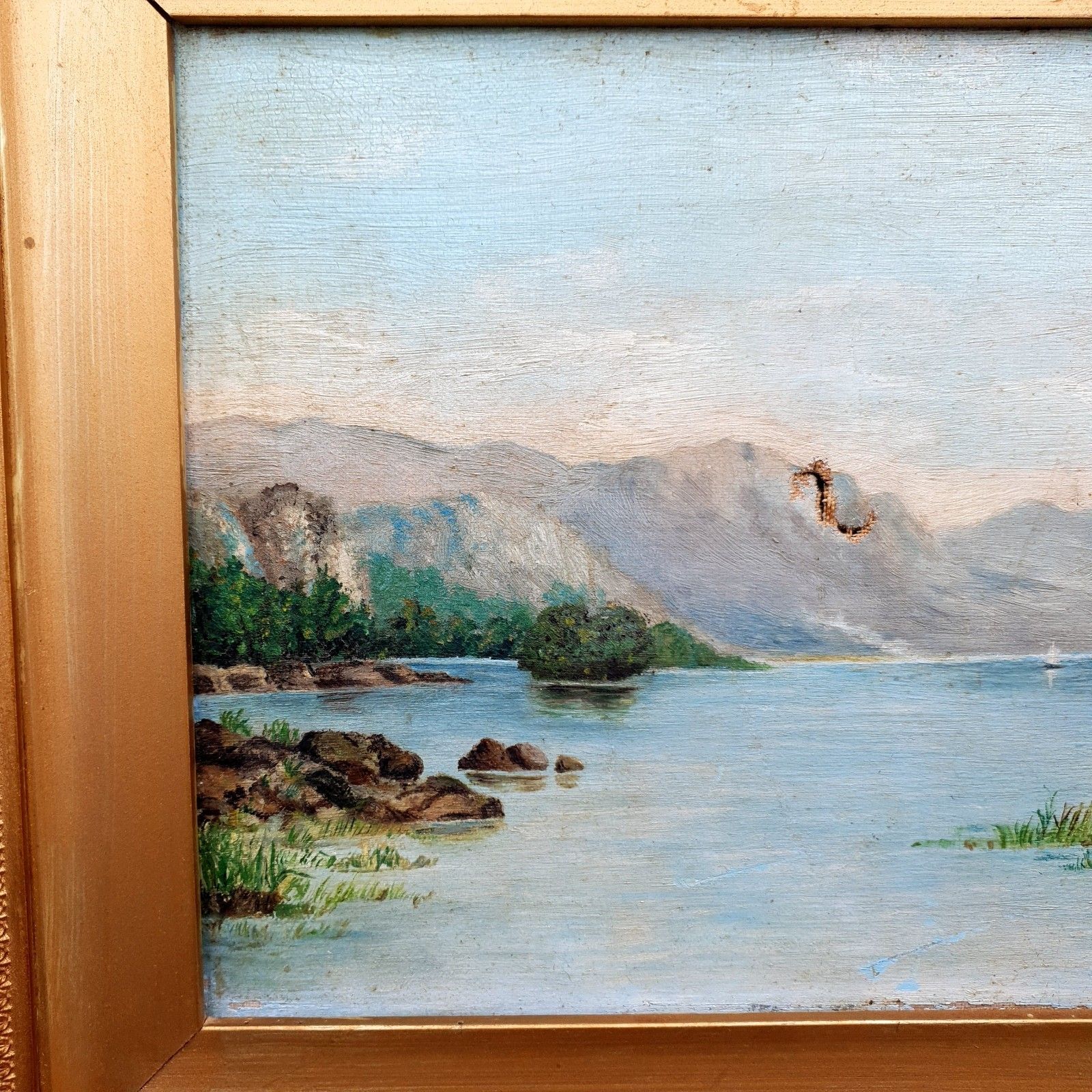 Victoriaans olieverfschilderij op doek, bergmeerlandschap, W. B. Charles, ca. 1880 photo for sale