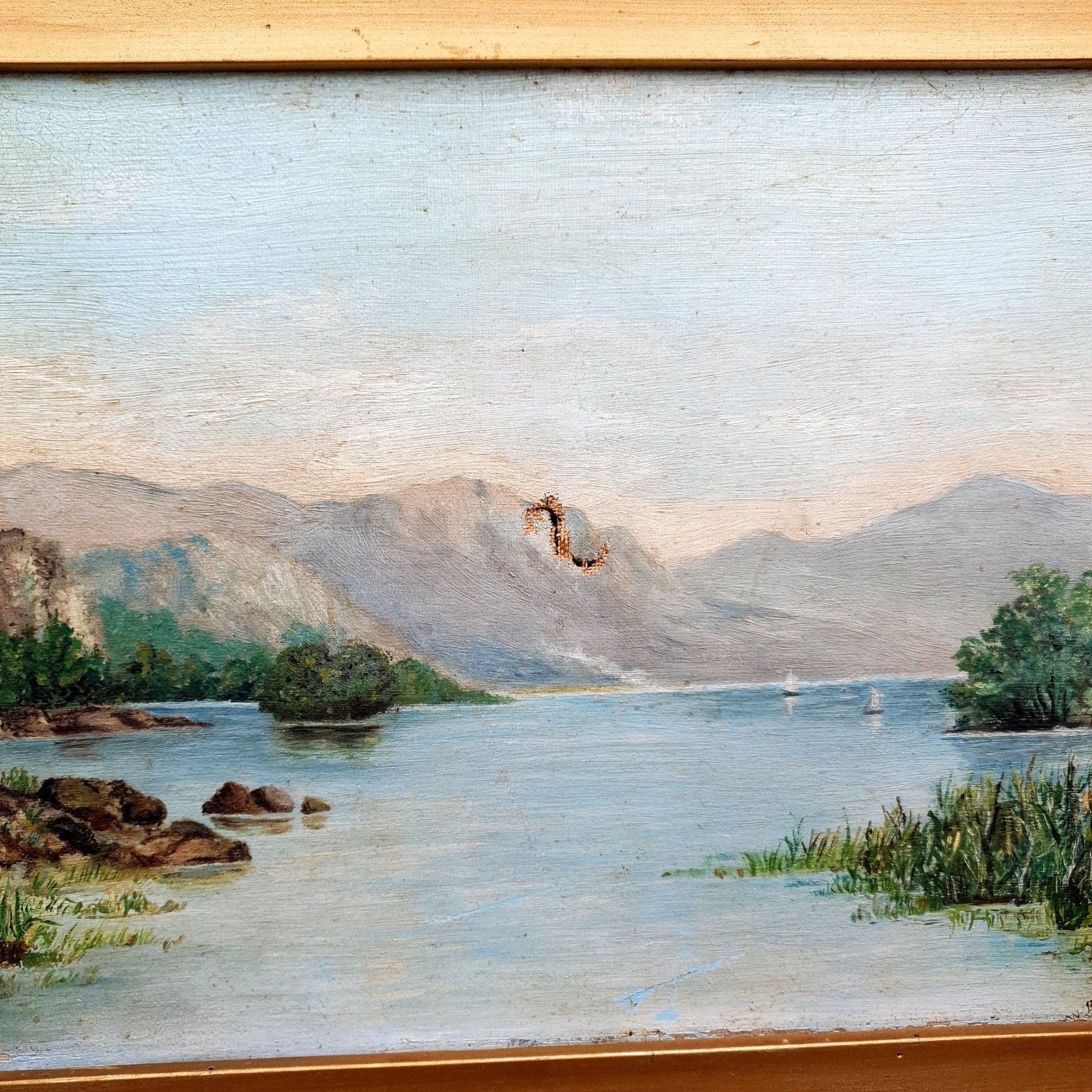 Victoriaans olieverfschilderij op doek, bergmeerlandschap, W. B. Charles, ca. 1880 photo Kunst