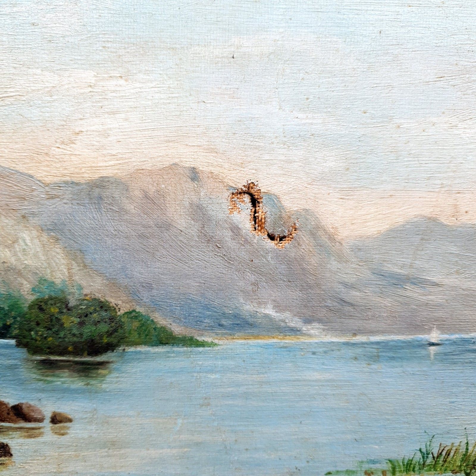 Victoriaans olieverfschilderij op doek, bergmeerlandschap, W. B. Charles, ca. 1880 photo vinterior