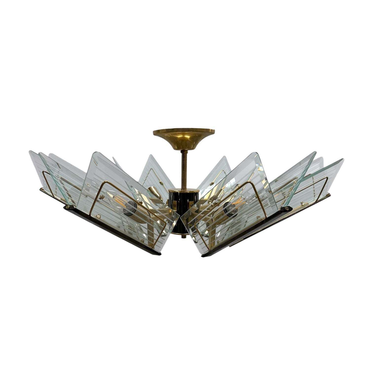 Vintage Brass & Etched Glass Chandelier By Massive