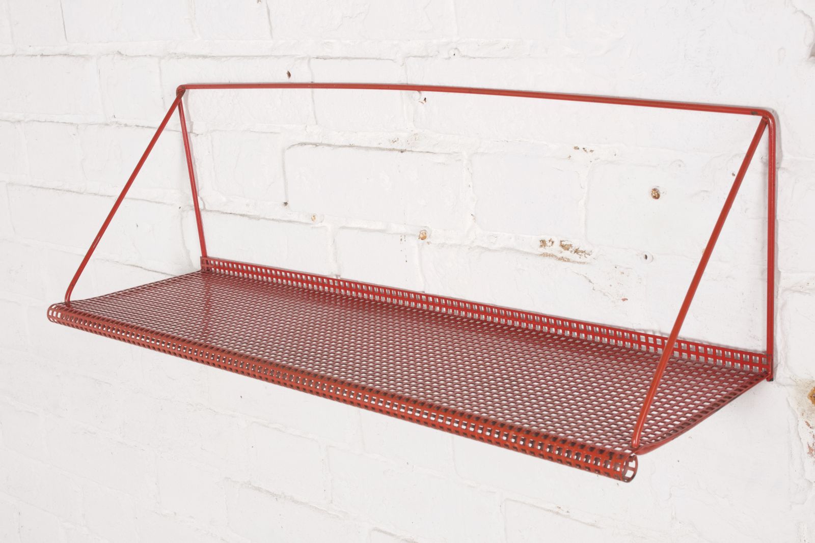 1950s Dutch Modernist Red Perforated Metal Wall Shelf By Tjerk Reijenga For Pilastro