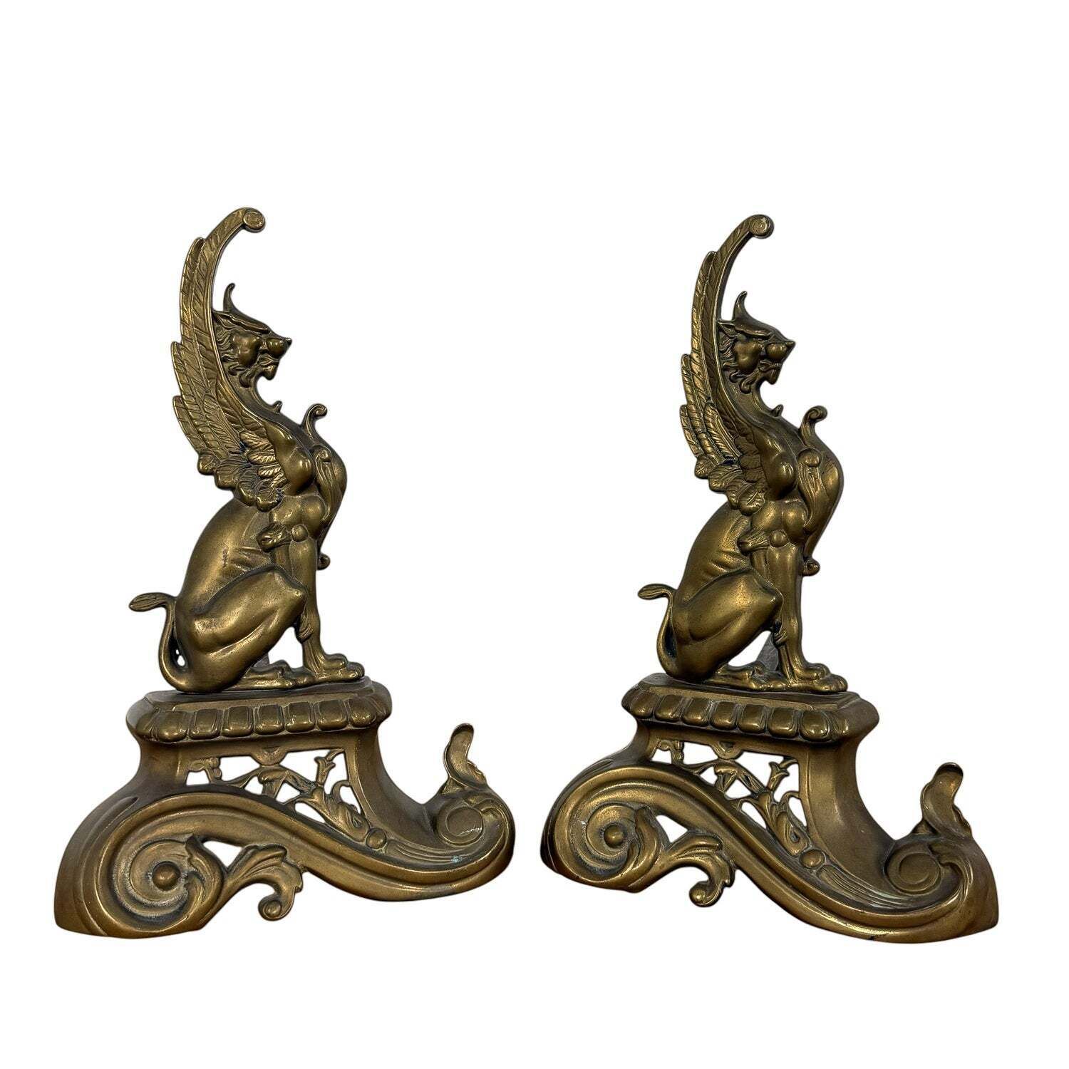 Paar antieke Art Nouveau haardbokkken in messing met griffioenen