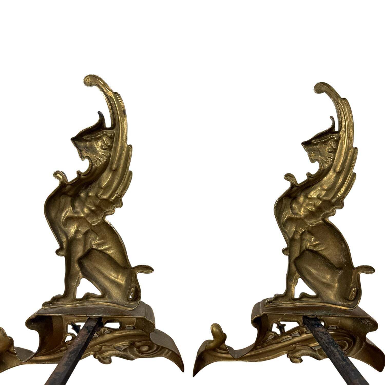 photo for sale Paar antieke Art Nouveau haardbokkken in messing met griffioenen