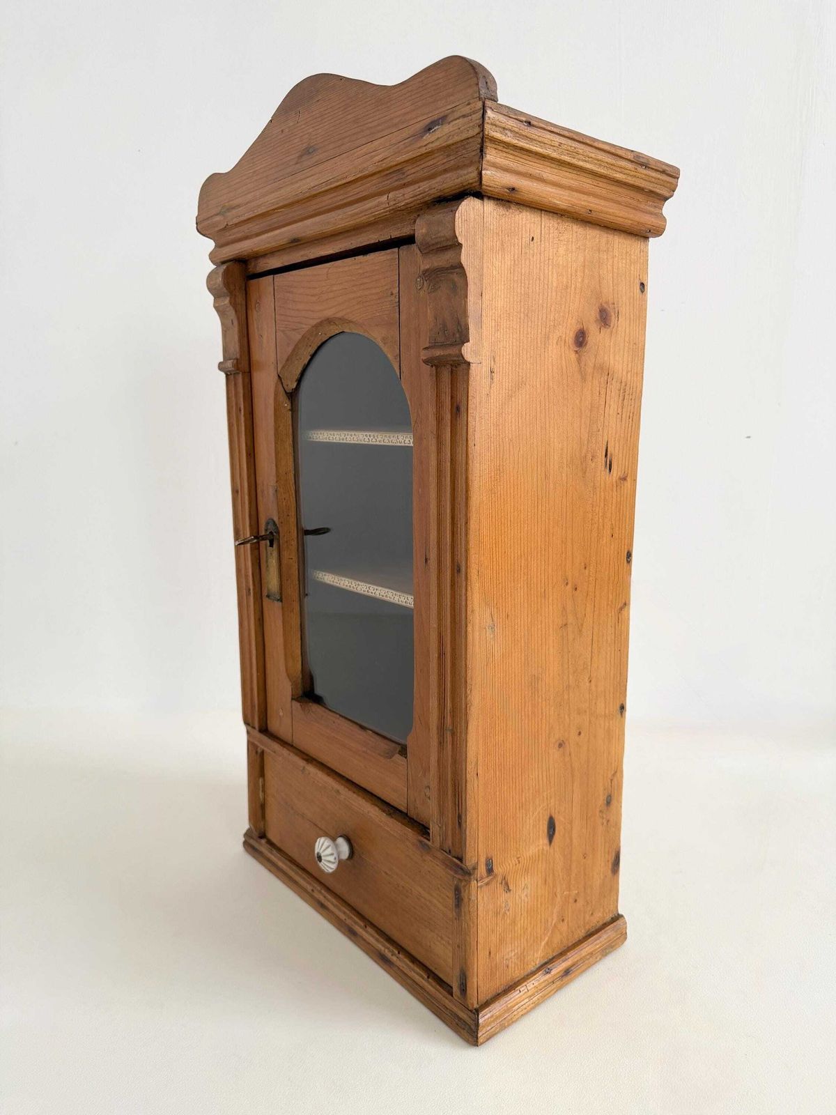Antique Pine Hanging Cabinet With Glass Door, Lock & Key, Rustic Wall Cabinet With Drawer, Farmhouse Cupboard photo for sale